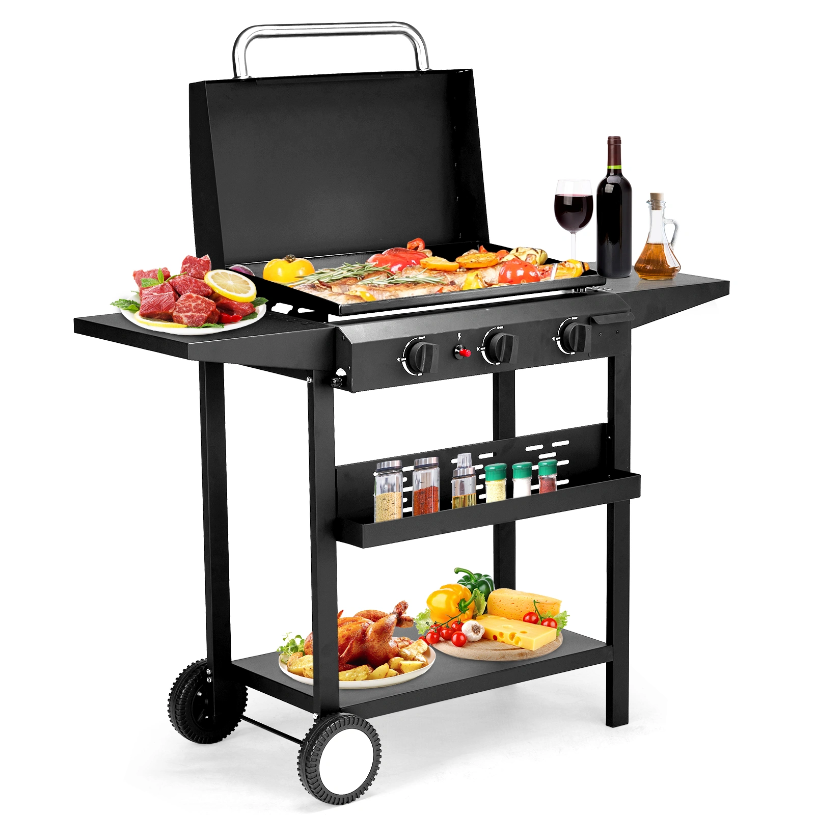 3-Burner Flat Top Gas Griddle Cooking Station with Ceramic Coated Cast Iron Pan, 30,000 BTU Propane Fuelled Griddle Station with Side Shelves & Spice Rack for Outdoor Barbecue Backyard Cookout view 3