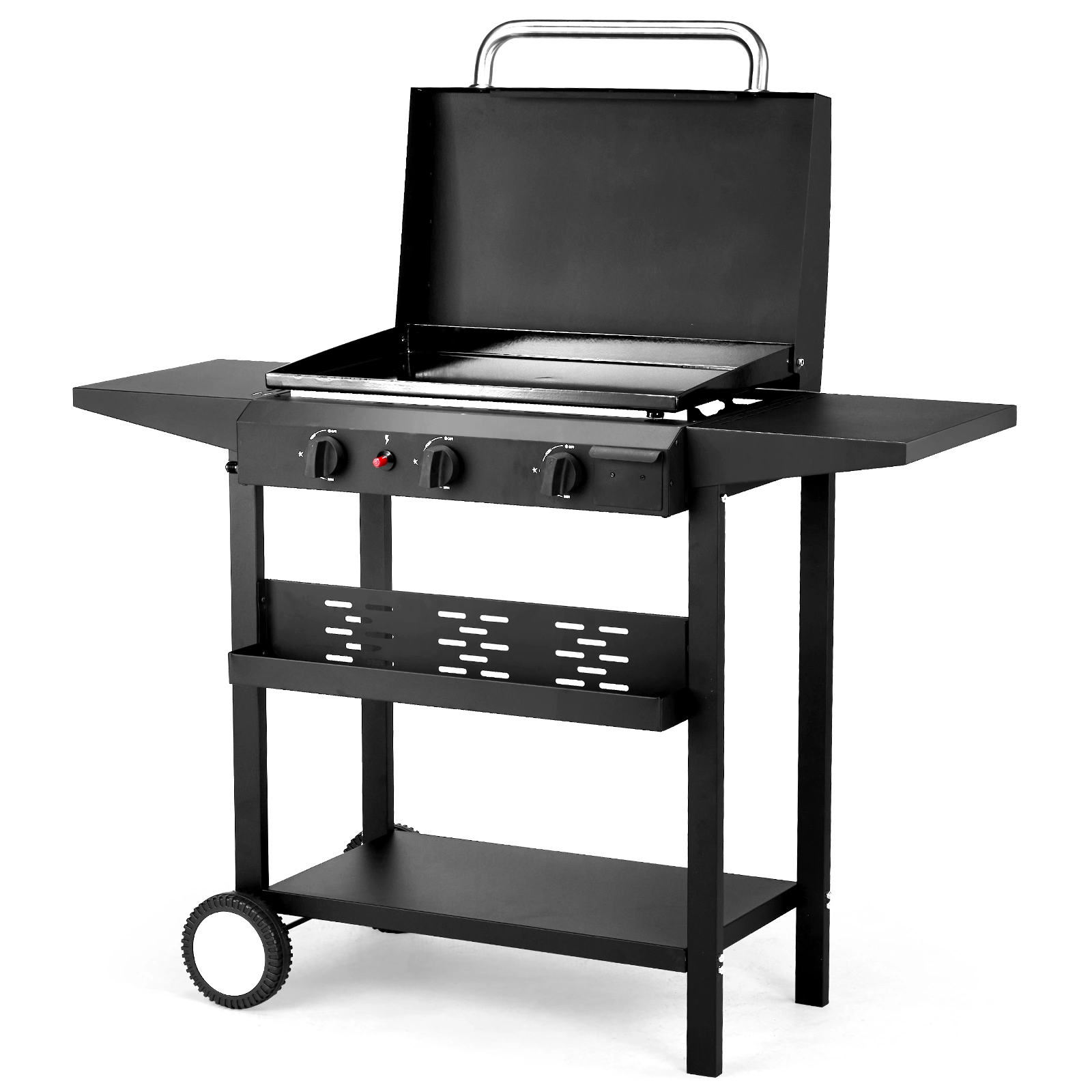 3-Burner Flat Top Gas Griddle Cooking Station with Ceramic Coated Cast Iron Pan, 30,000 BTU Propane Fuelled Griddle Station with Side Shelves & Spice Rack for Outdoor Barbecue Backyard Cookout view 4