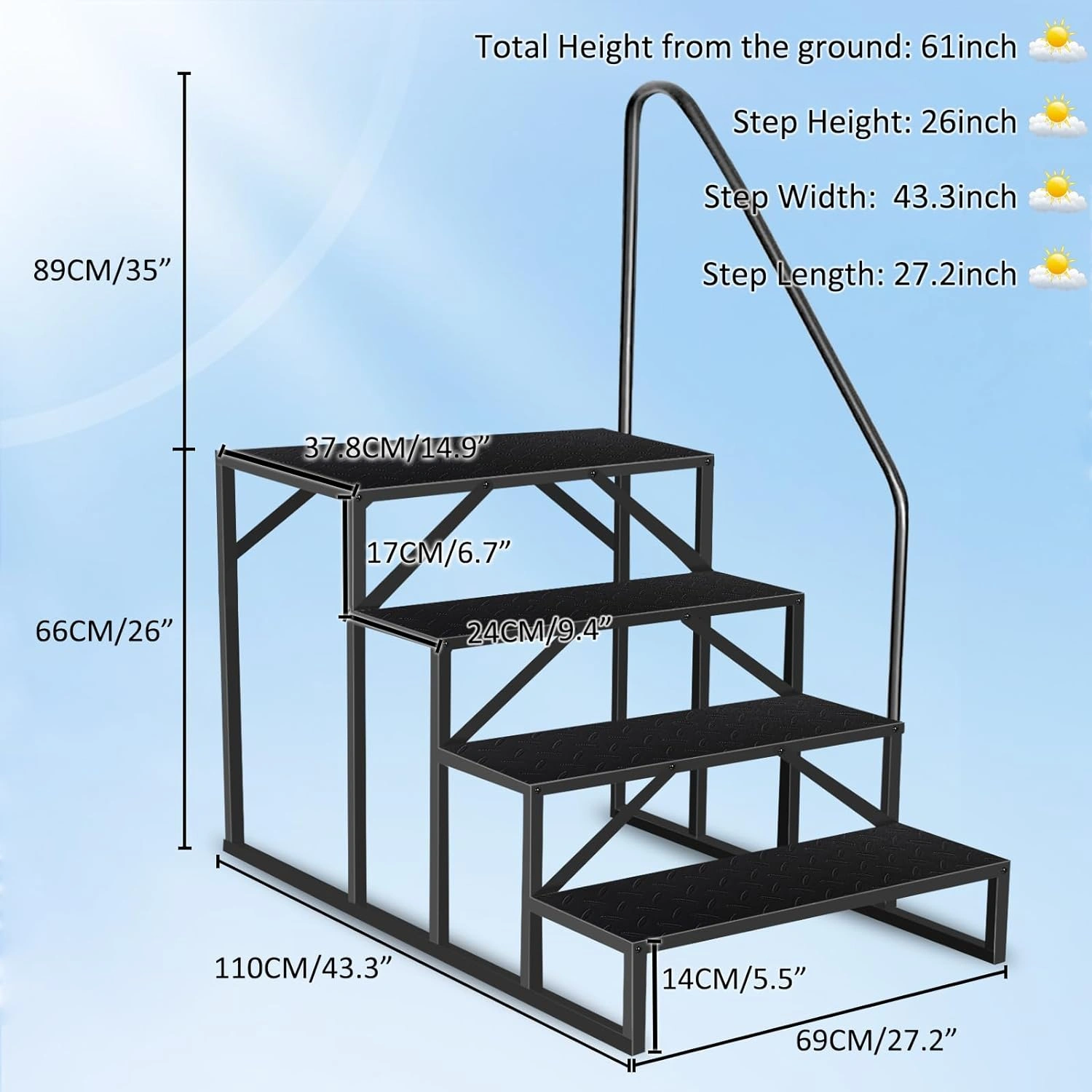 Above Ground Pool Ladder with Handrail, Heavy Duty Swimming Pool Steps & RV Camper Steps, 660 lbs Capacity, Hot Tub Mobile Home Stair Access Ramp view 2