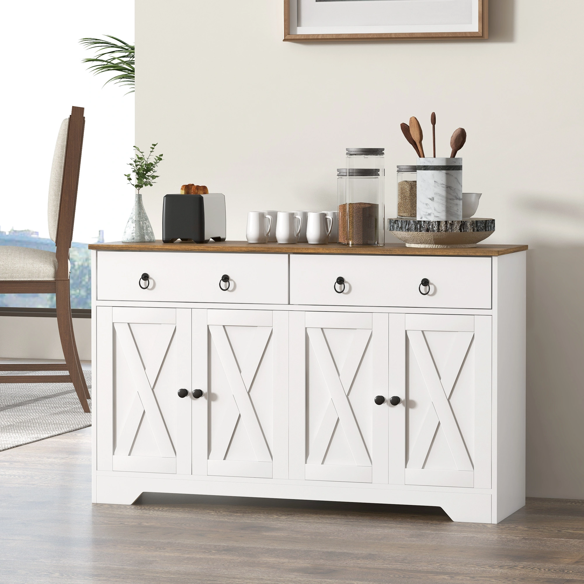 Farmhouse Kitchen Storage Cabinet with Drawers, Shelves & Barn Style Doors