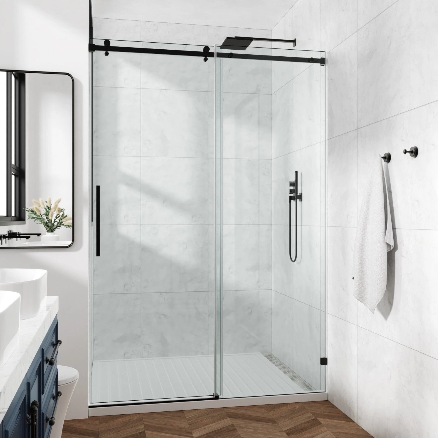 60x76 Fixed & Sliding Shower Door, Square Tube Handle, 3/8" 10mm Clear SGCC Tempered Glass with Stainless Steel Frame view 2