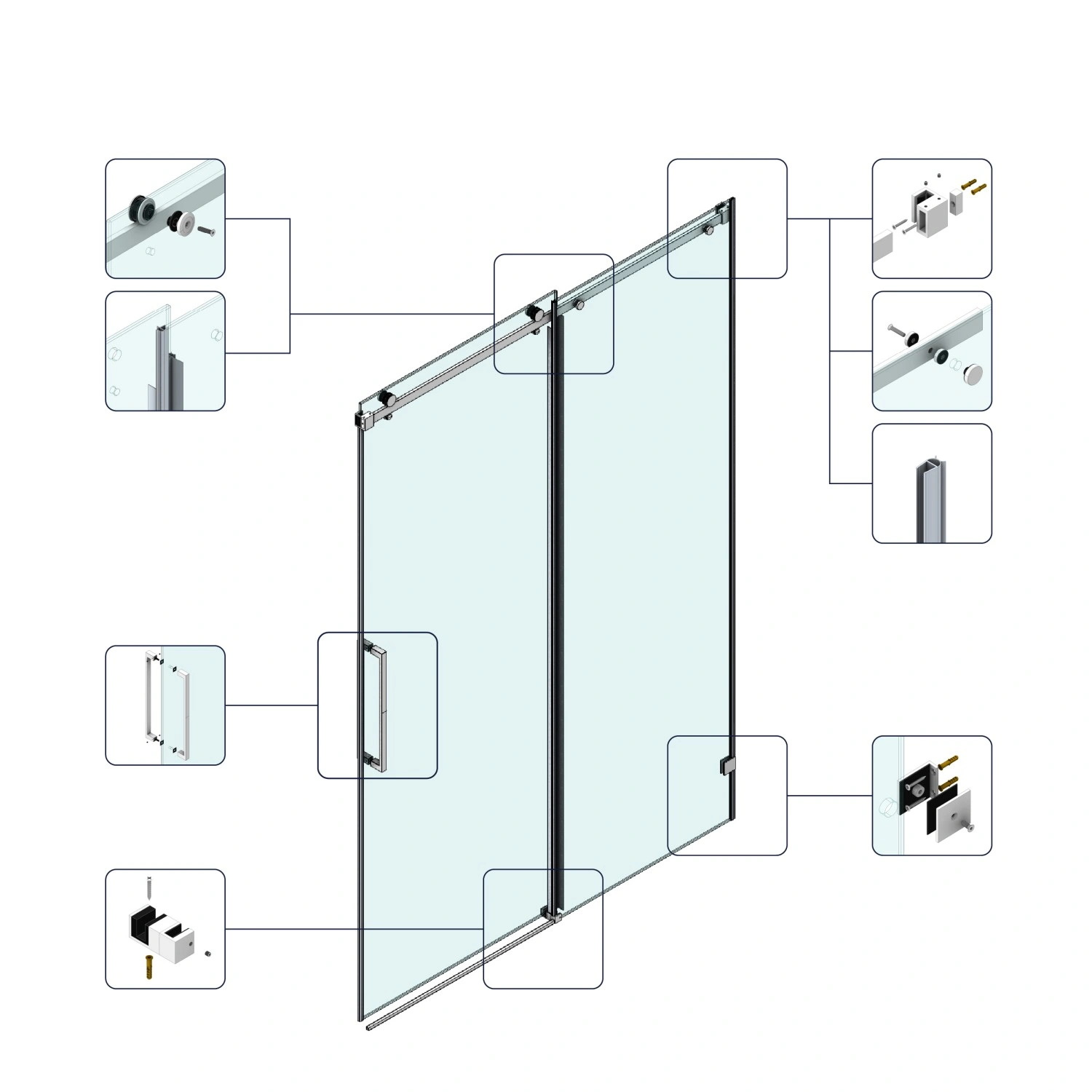 60x76 Fixed & Sliding Shower Door, Square Tube Handle, 3/8" 10mm Clear SGCC Tempered Glass with Stainless Steel Frame view 8