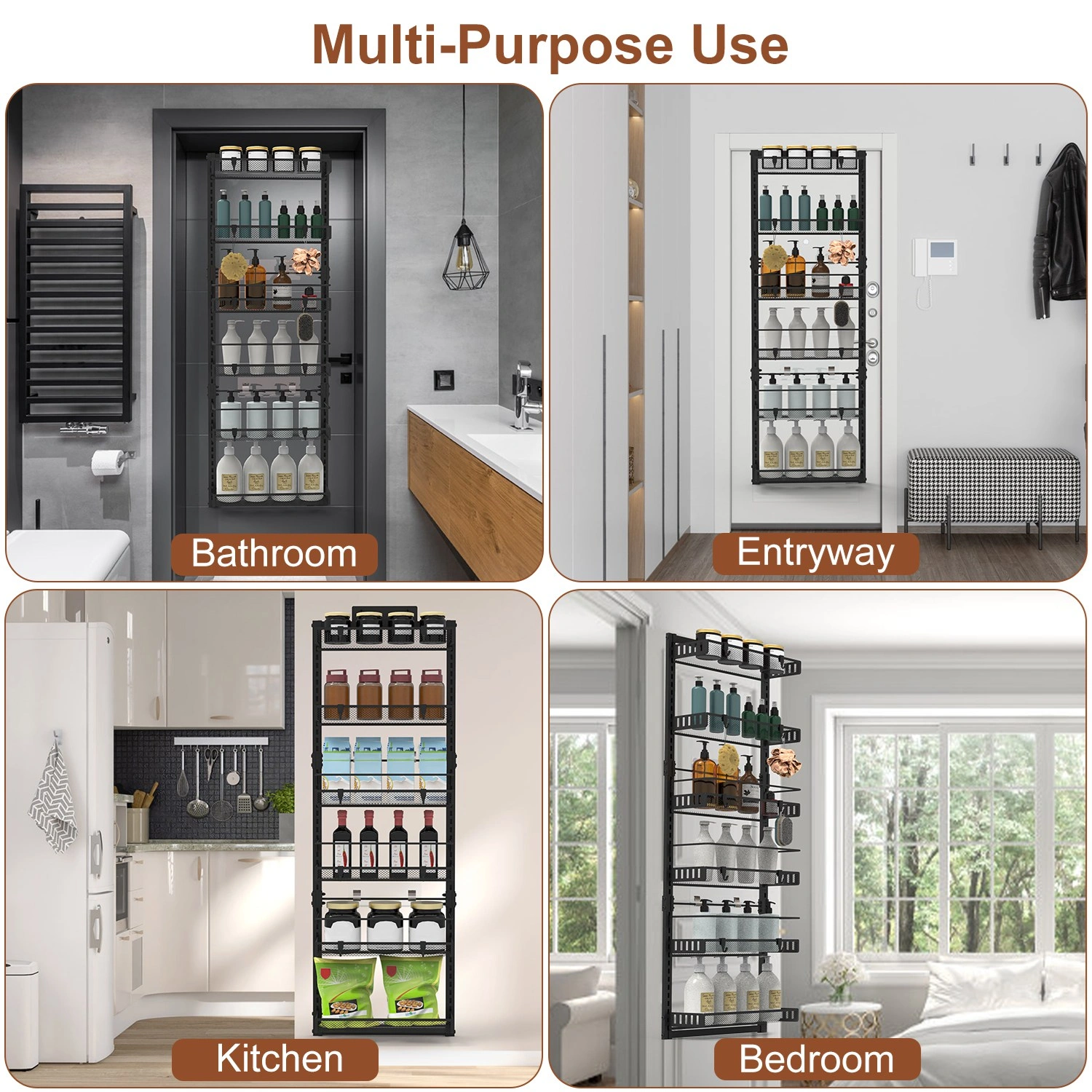6-Tier Over the Door Pantry Organizer, Large Metal Door Spice Rack, Hanging Heavy-Duty Pantry Door Storage Shelf 10LBS Loading Easy Install Behind Door Storagefor Kitchen and Bathroom, Black view 3