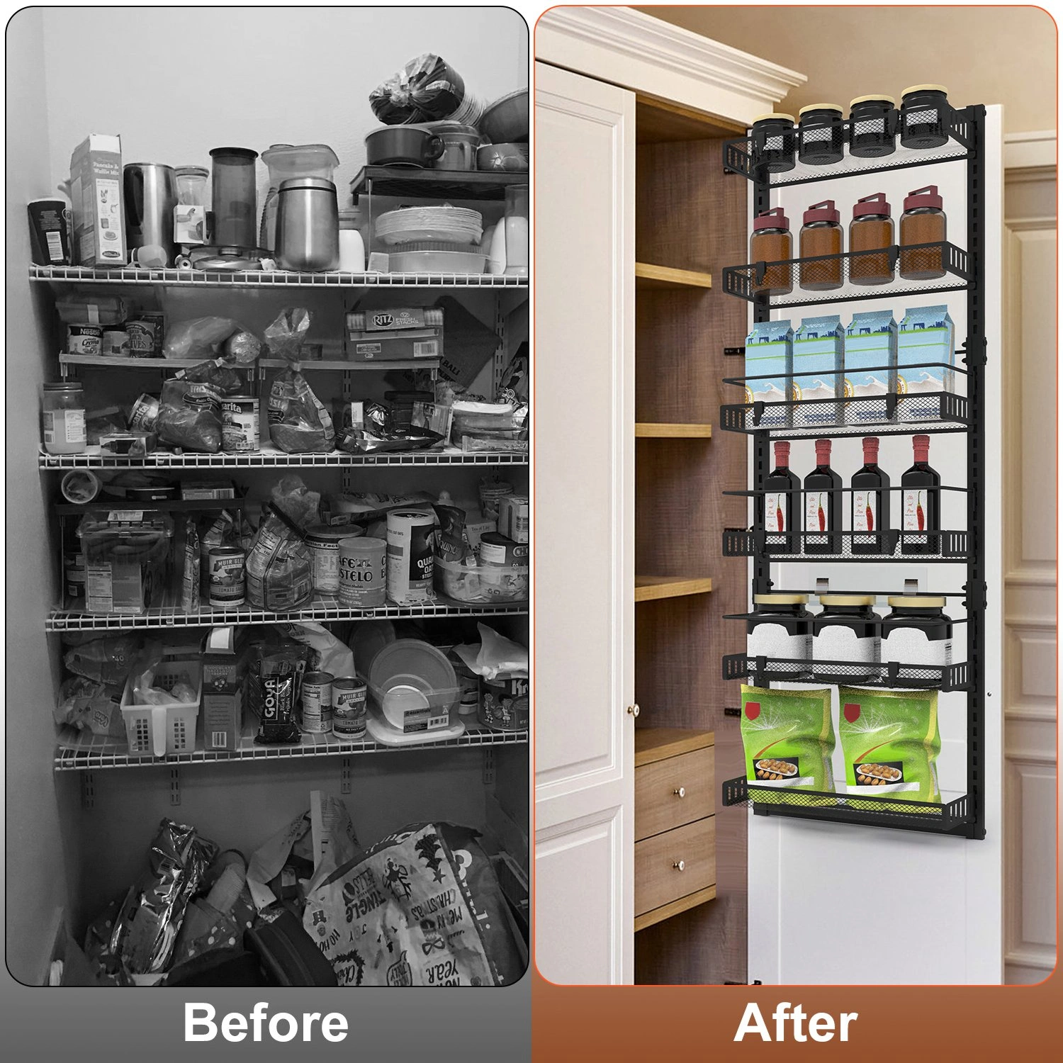 6-Tier Over the Door Pantry Organizer, Large Metal Door Spice Rack, Hanging Heavy-Duty Pantry Door Storage Shelf 10LBS Loading Easy Install Behind Door Storagefor Kitchen and Bathroom, Black view 4