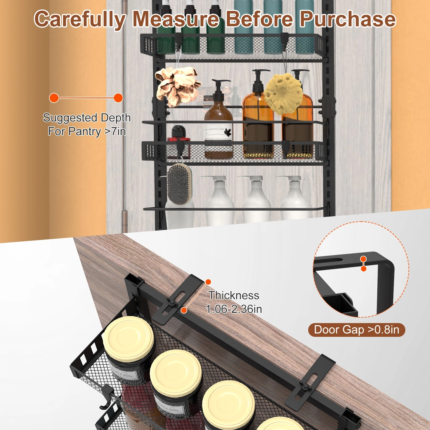 6-Tier Over the Door Pantry Organizer, Large Metal Door Spice Rack, Hanging Heavy-Duty Pantry Door Storage Shelf 10LBS Loading Easy Install Behind Door Storagefor Kitchen and Bathroom, Black view 5