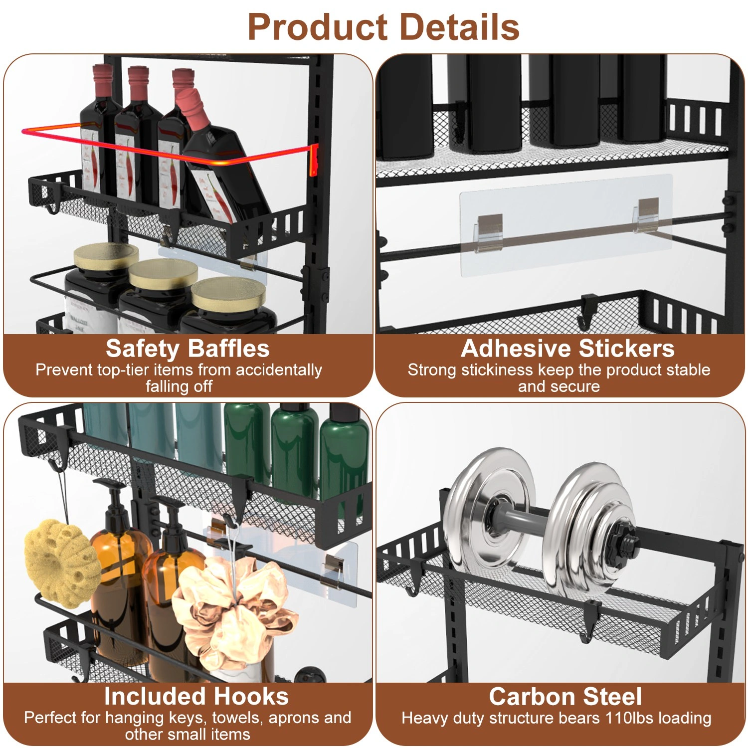 6-Tier Over the Door Pantry Organizer, Large Metal Door Spice Rack, Hanging Heavy-Duty Pantry Door Storage Shelf 10LBS Loading Easy Install Behind Door Storagefor Kitchen and Bathroom, Black view 6