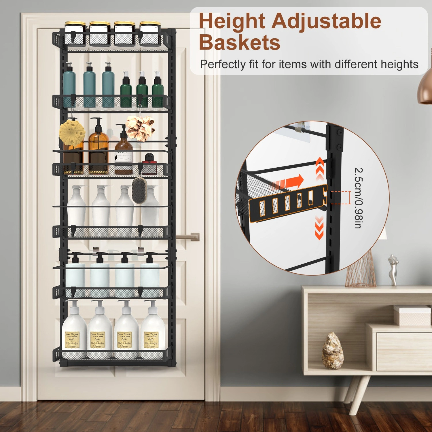 6-Tier Over the Door Pantry Organizer, Large Metal Door Spice Rack, Hanging Heavy-Duty Pantry Door Storage Shelf 10LBS Loading Easy Install Behind Door Storagefor Kitchen and Bathroom, Black view 7