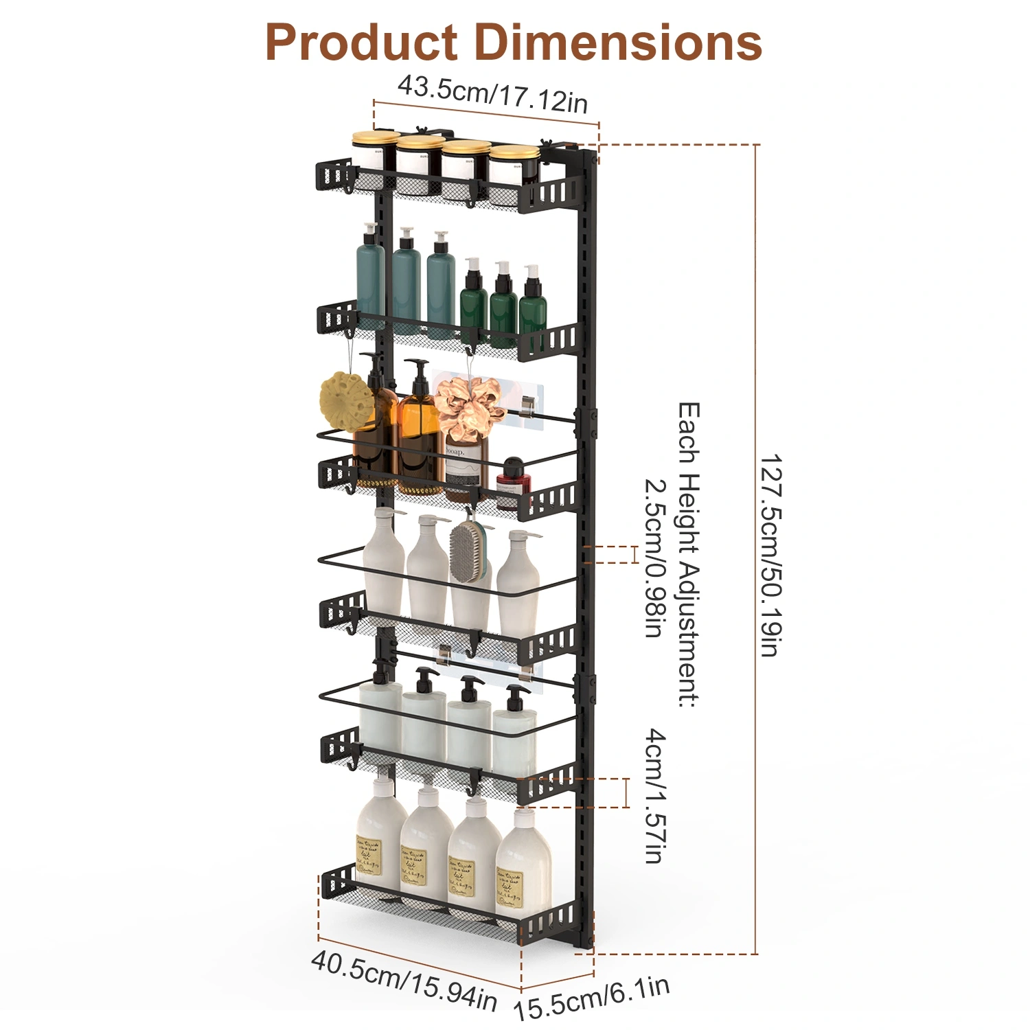 6-Tier Over the Door Pantry Organizer, Large Metal Door Spice Rack, Hanging Heavy-Duty Pantry Door Storage Shelf 10LBS Loading Easy Install Behind Door Storagefor Kitchen and Bathroom, Black view 8