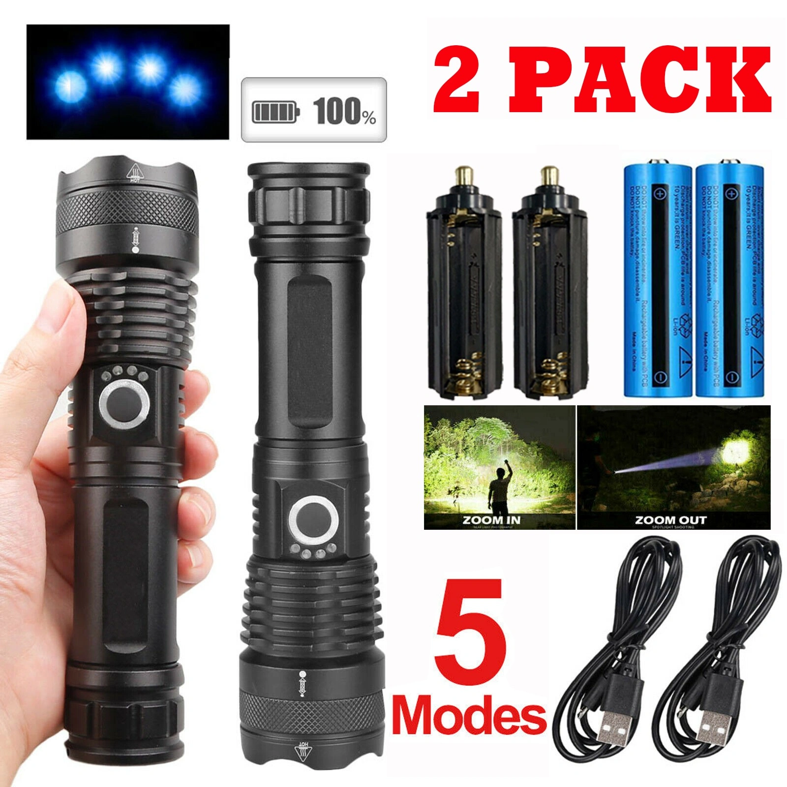2 Pack USB Rechargeable LED Flashlight 5-Mode Camping Hiking Outdoor Rechargeable Light