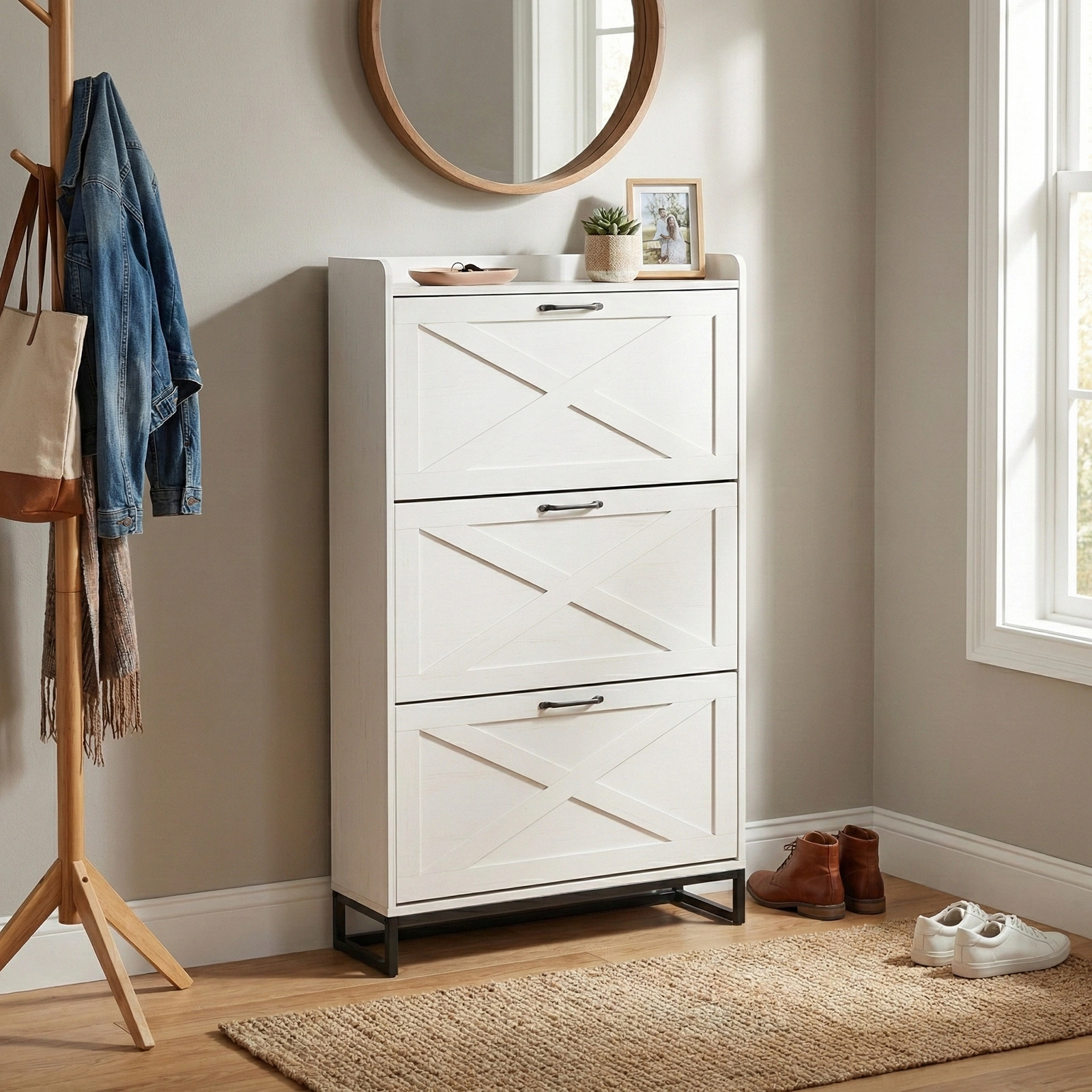Barn door three-drawer cabinet with top panel; shoe cabinet; particleboard; 80*24*145cm; distressed white