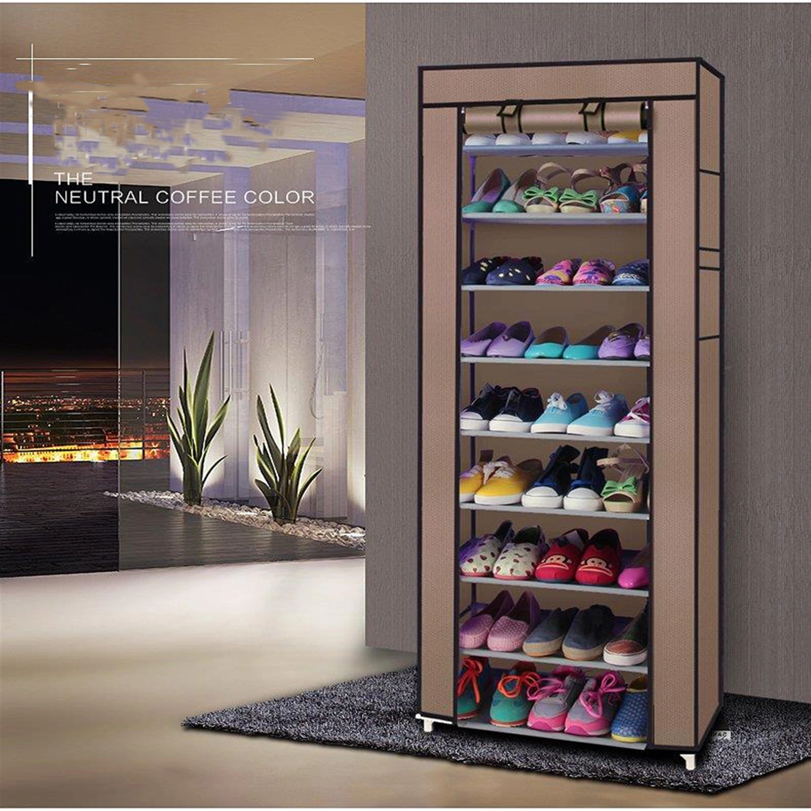 9-Tier Fabric Shoe Rack Organizer, Non-Woven Shoe Storage Cube Shelf with Breathable Lattice Design, Coffee