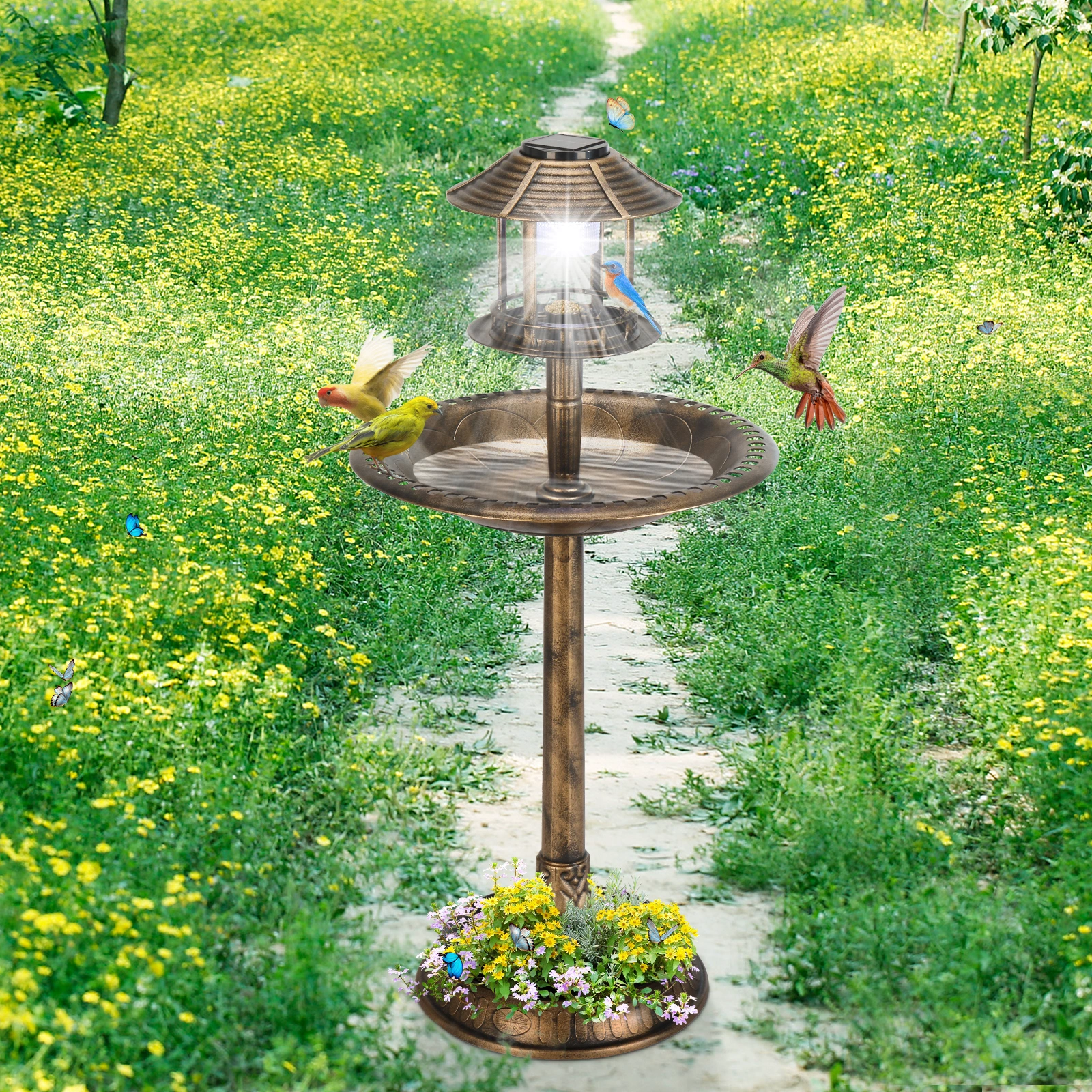 51*51*106cm Plastic Round Birdbath with Solar Light Bronze view 16
