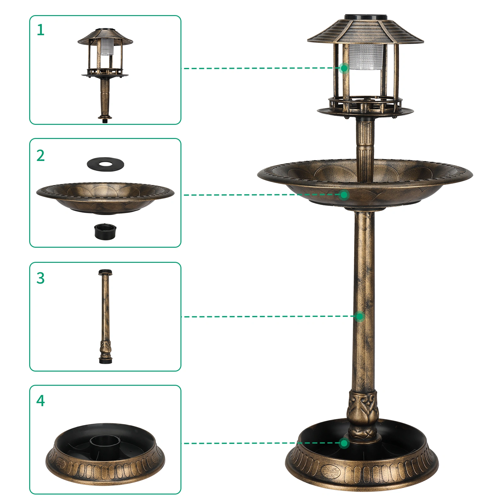 51*51*106cm Plastic Round Birdbath with Solar Light Bronze view 8