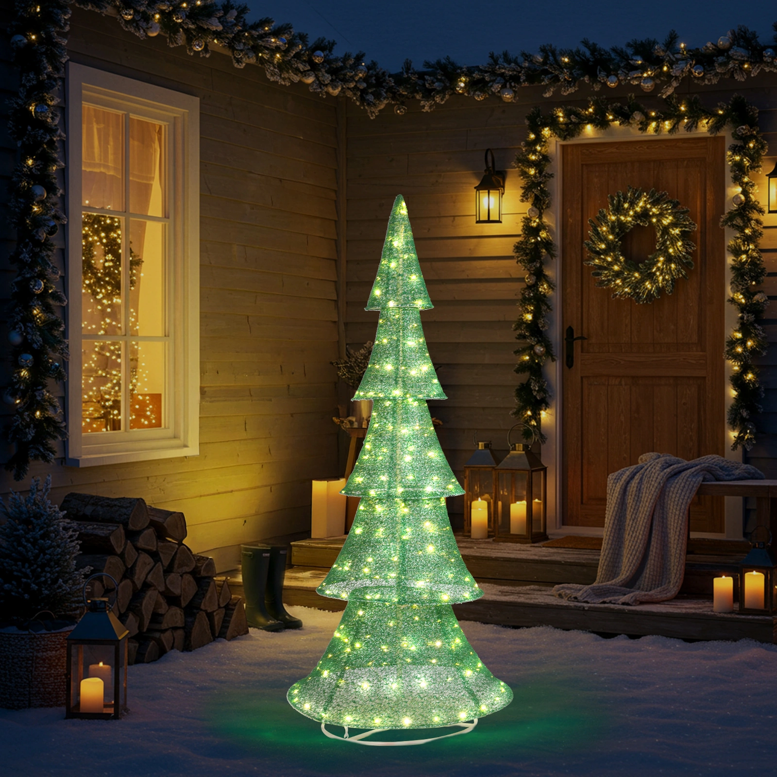 6FT Pre-Lit Christmas Tree, 200 LED Warm White Pull Up Holiday Tree for Outdoor Indoor Yard Decoration, Instant Setup Xmas Display view 5