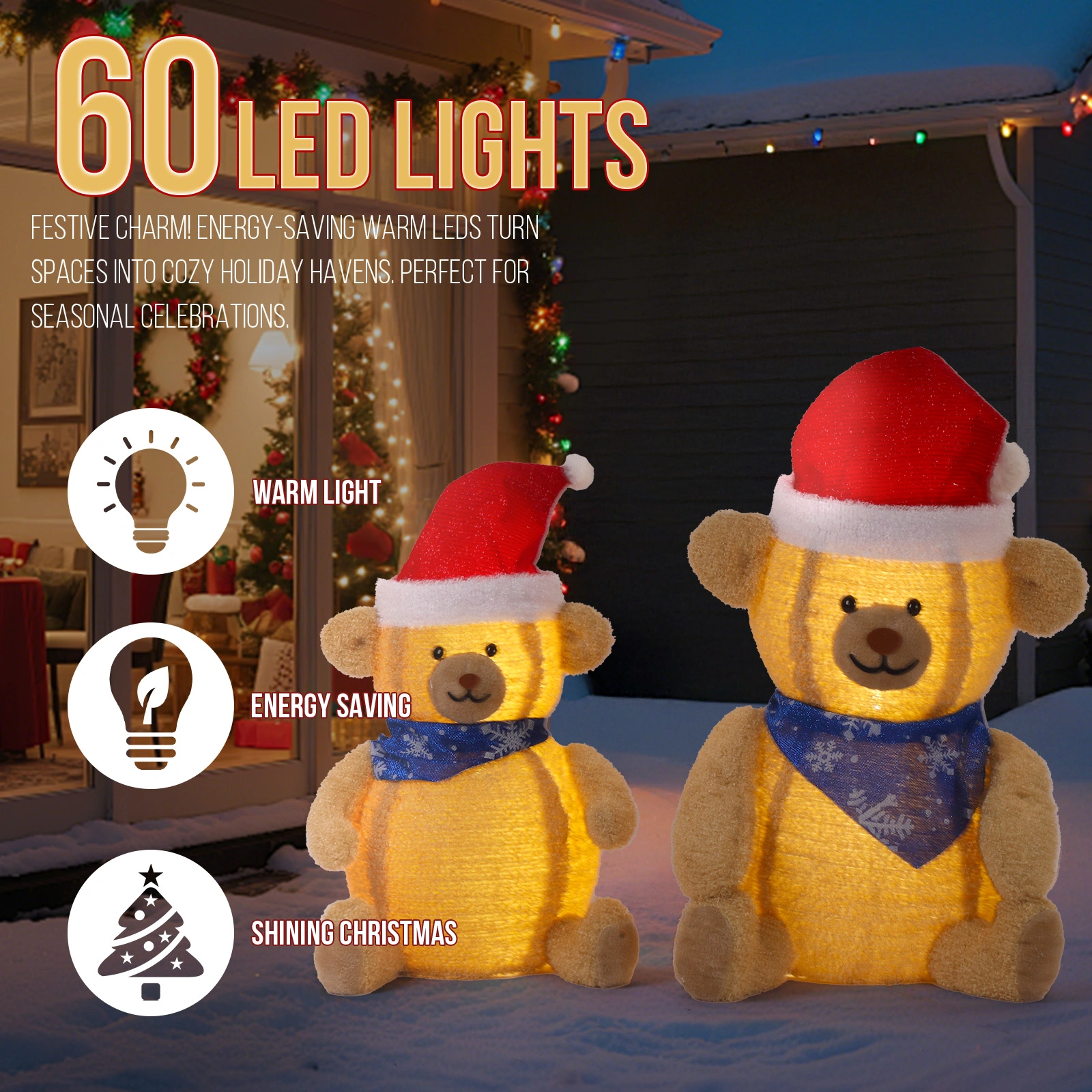 Set of 2 Lighted Plush Bear Christmas Decorations, Pre-lit Pull Up Holiday Decor with 60 Warm White LED Lights for Xmas Outdoor Indoor Decor Lighted Holiday Displays view 10