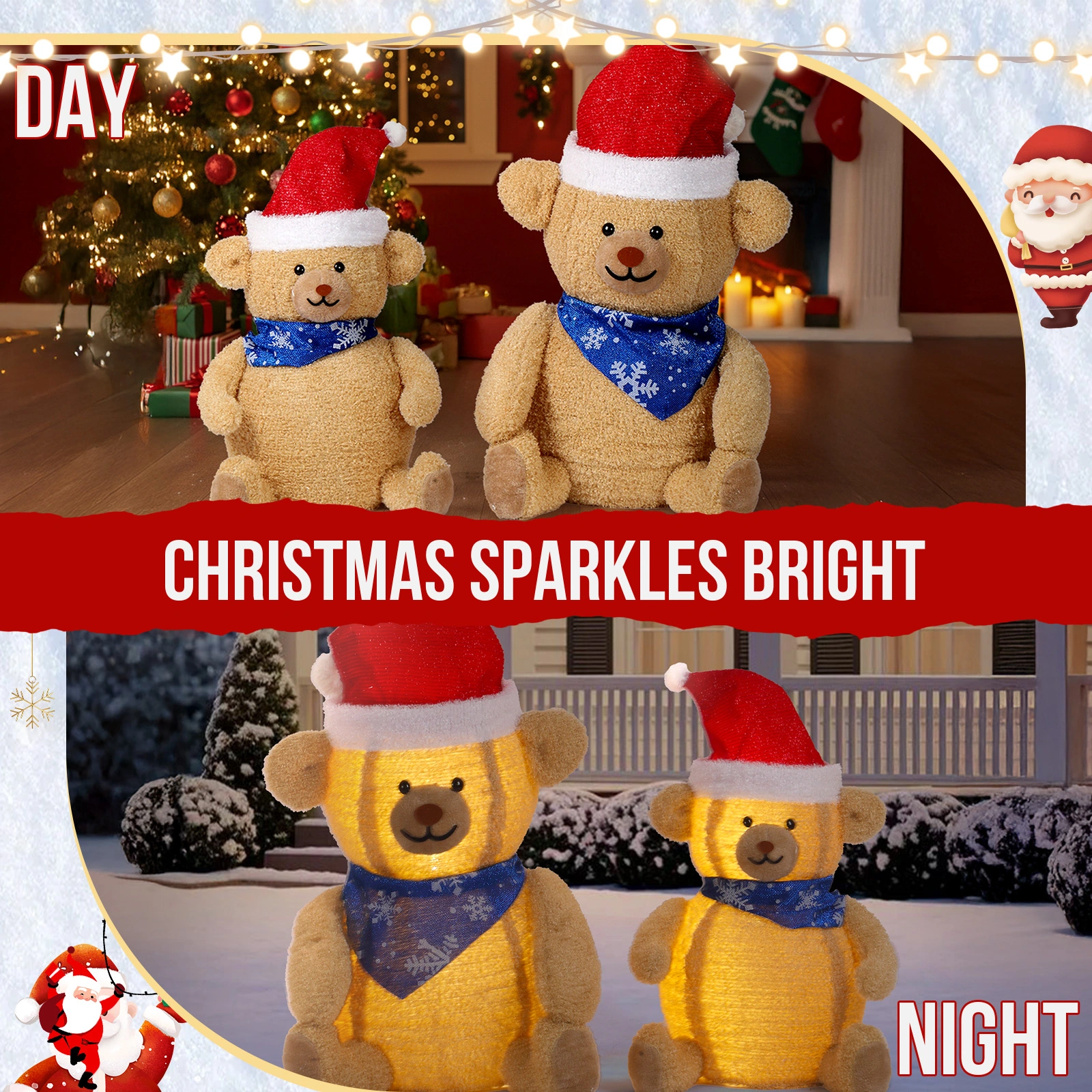 Set of 2 Lighted Plush Bear Christmas Decorations, Pre-lit Pull Up Holiday Decor with 60 Warm White LED Lights for Xmas Outdoor Indoor Decor Lighted Holiday Displays view 7