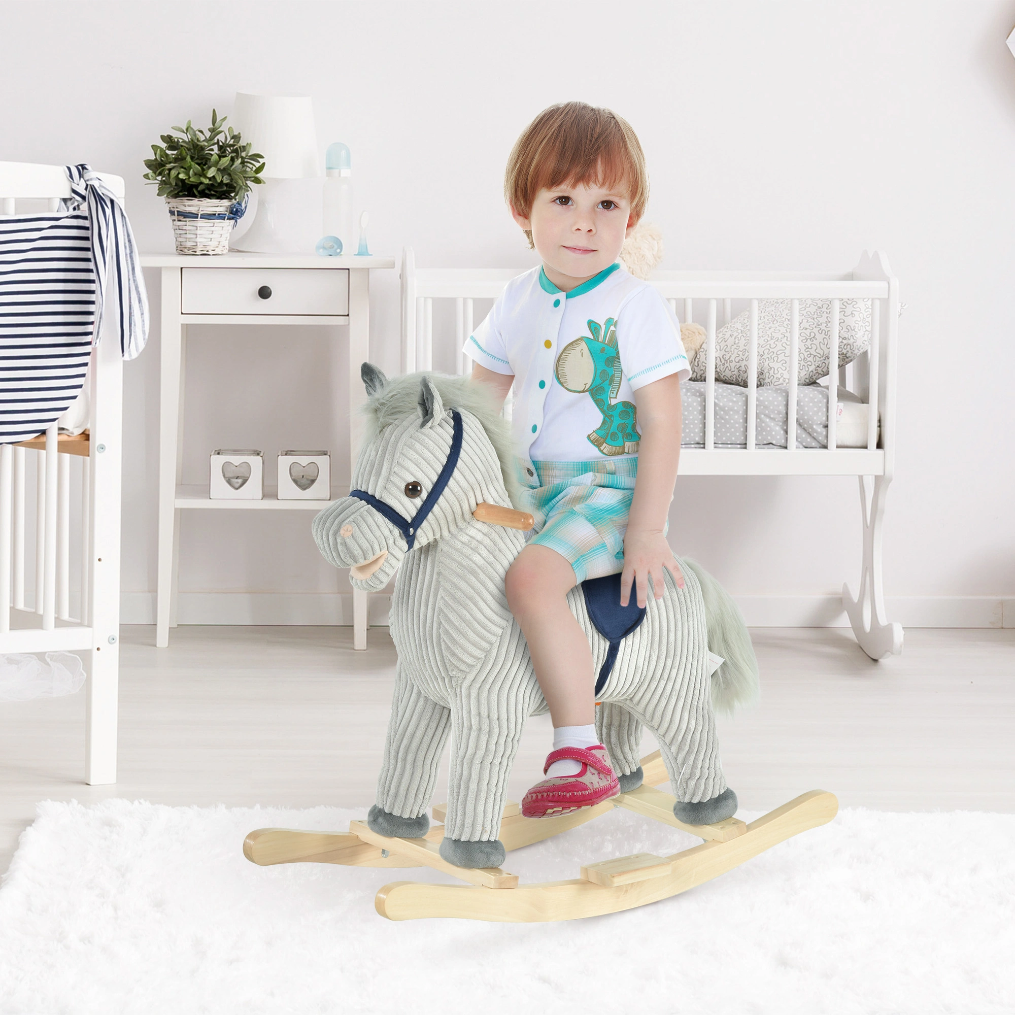 Kids Rocking Horse for Toddlers Wood Seatback Ride-On Toy with Music & Lights Indoor Outdoor Play Gift