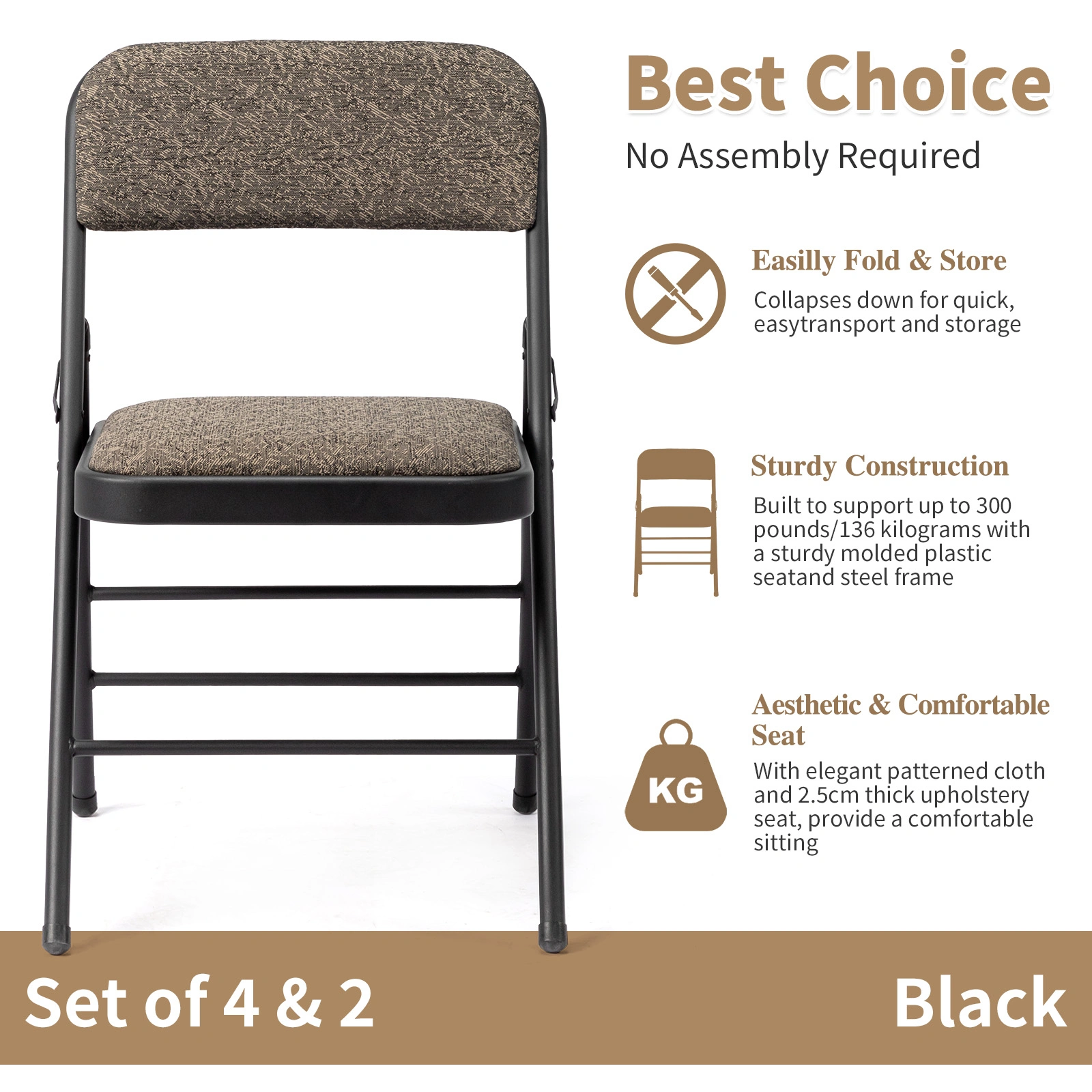 2PCS Black Patterned Padded Folding Chairs, Conference Event Chairs with Soft Seat, 46x48x76cm Frosted Iron Frame view 4