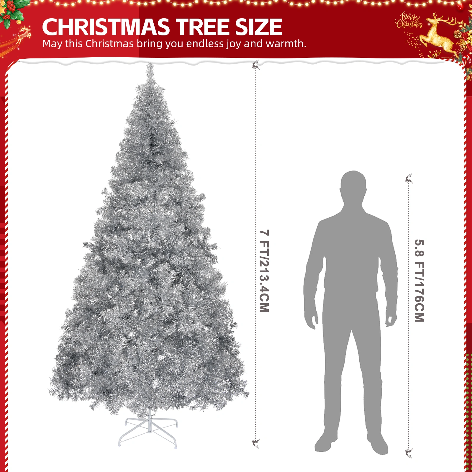 7 FT Artificial Christmas Tree, 1150 Branch Tips, Unlit Pine Christmas Tree with Sturdy Metal Stand, Full Pre-Lit Holiday Tree for Home Office Party Decor, Silver view 2
