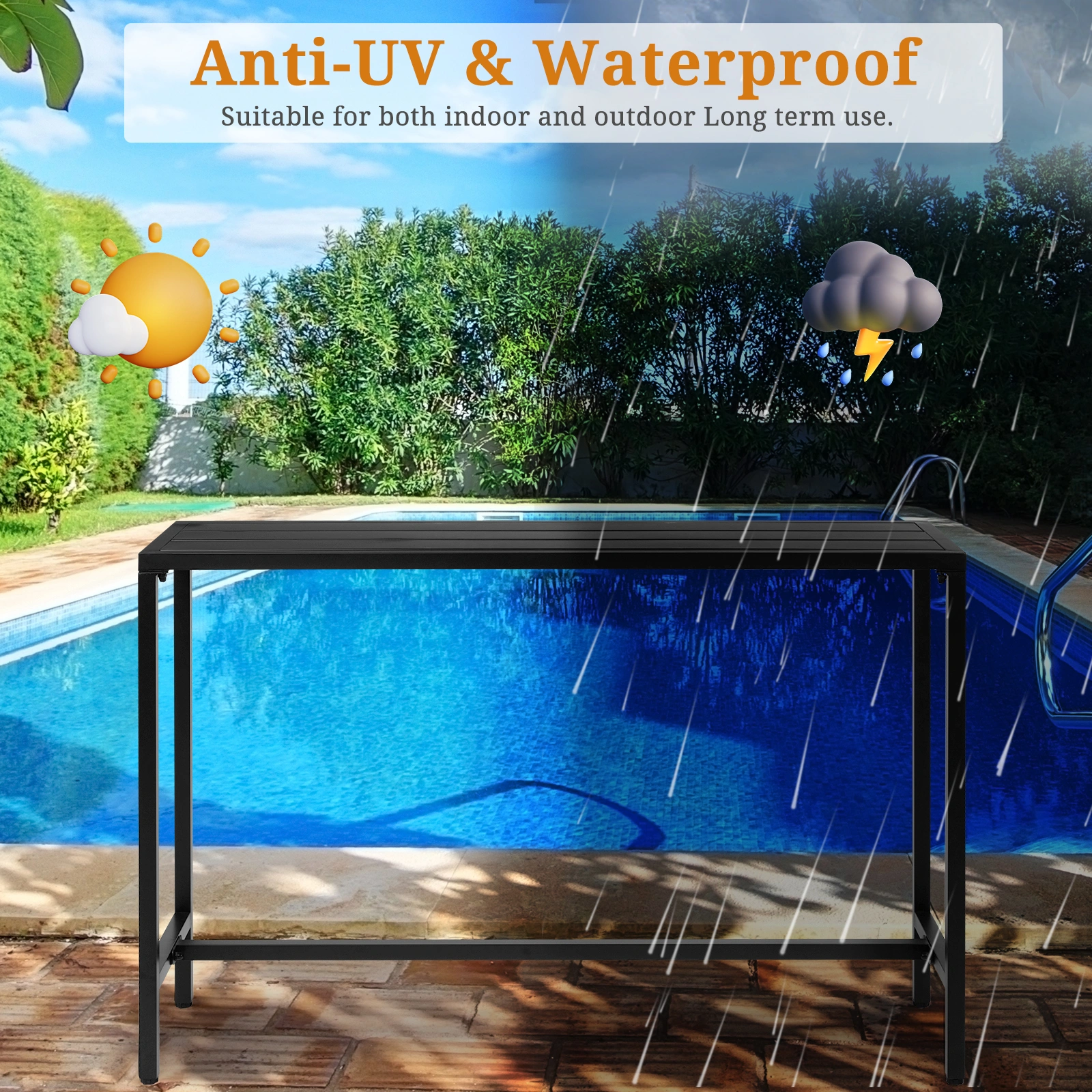 55" Outdoor Bar Table with Adjustable Feet, Rectangle Narrow Counter Height Table, Ideal Bar Height Table for Balcony Patio Garden Yard Poolside, Black view 11
