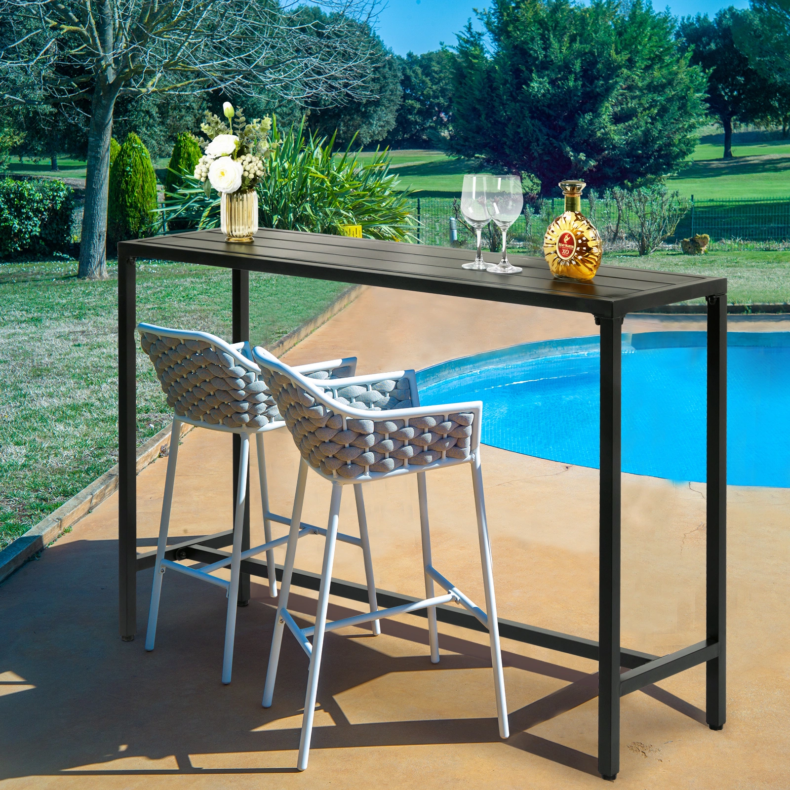 55" Outdoor Bar Table with Adjustable Feet, Rectangle Narrow Counter Height Table, Ideal Bar Height Table for Balcony Patio Garden Yard Poolside, Black view 13