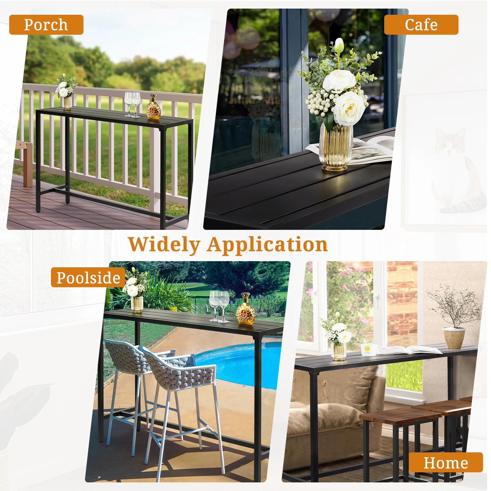 55" Outdoor Bar Table with Adjustable Feet, Rectangle Narrow Counter Height Table, Ideal Bar Height Table for Balcony Patio Garden Yard Poolside, Black view 14