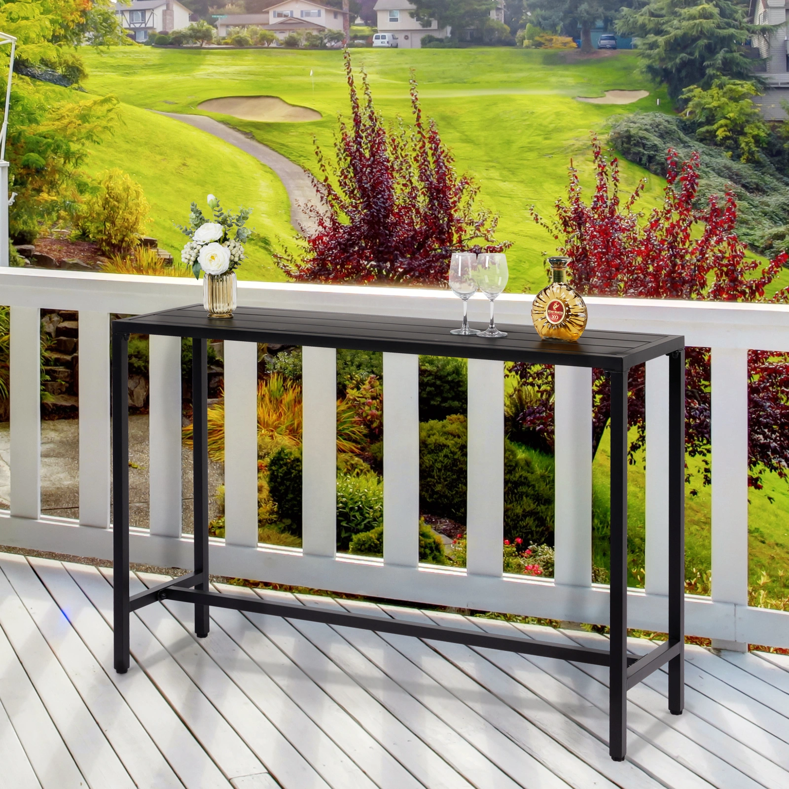 55" Outdoor Bar Table with Adjustable Feet, Rectangle Narrow Counter Height Table, Ideal Bar Height Table for Balcony Patio Garden Yard Poolside, Black view 3