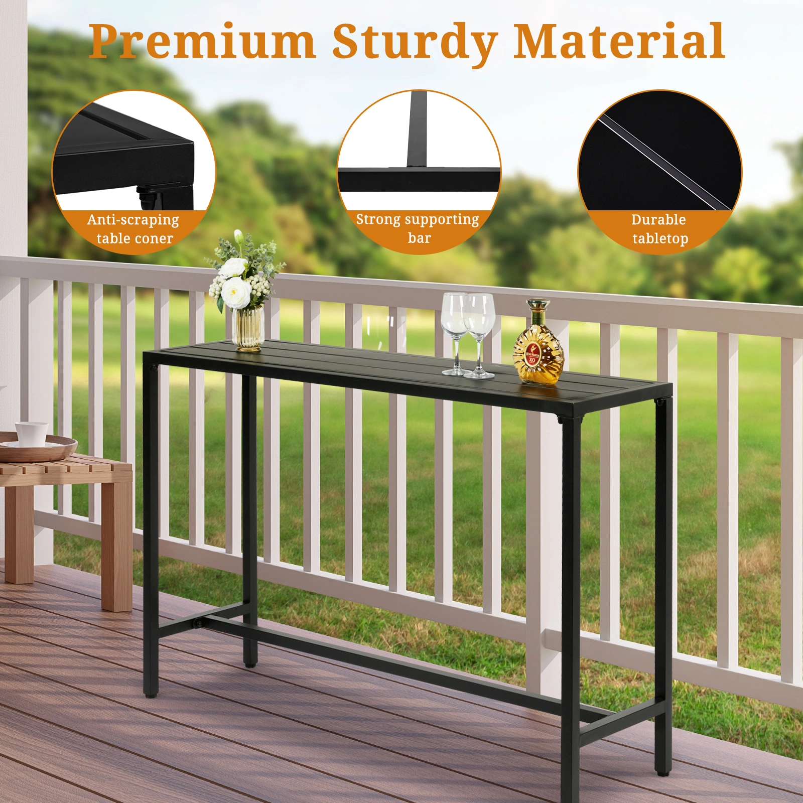 55" Outdoor Bar Table with Adjustable Feet, Rectangle Narrow Counter Height Table, Ideal Bar Height Table for Balcony Patio Garden Yard Poolside, Black view 5