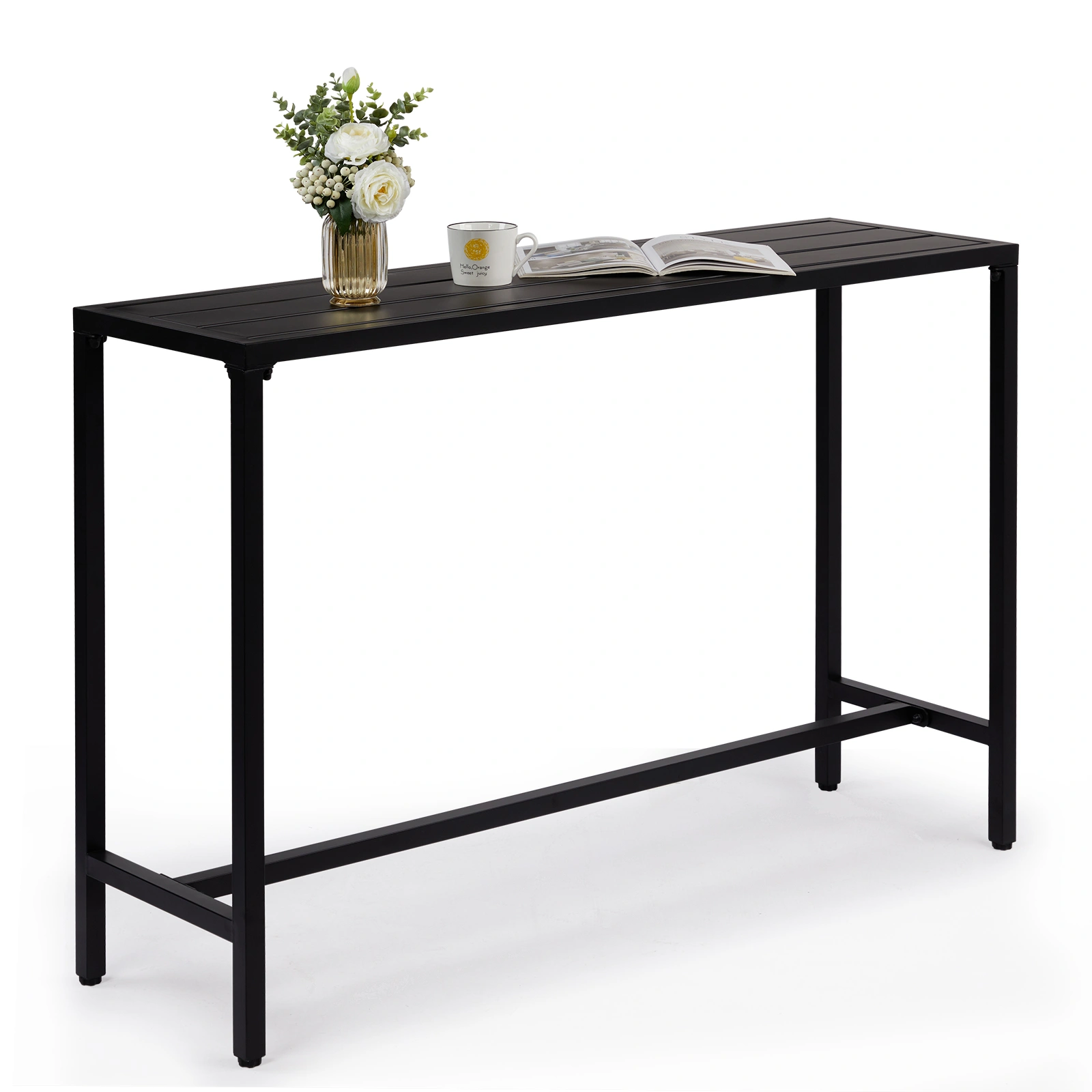 55" Outdoor Bar Table with Adjustable Feet, Rectangle Narrow Counter Height Table, Ideal Bar Height Table for Balcony Patio Garden Yard Poolside, Black view 8