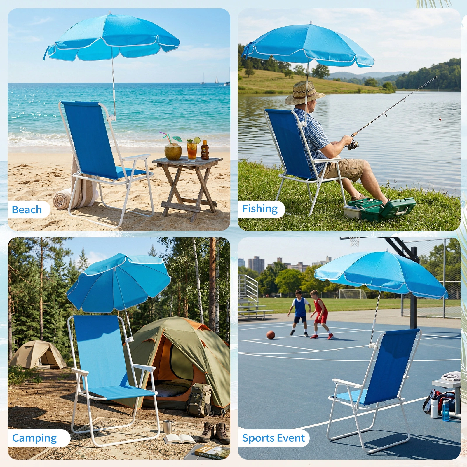 1 Pack Heavy Duty Steel Beach Chair with Umbrella, XL Size 15" Seat Height Royal Blue, Oxford Cloth with Support Bar, Single Position Adjustable, 120kg Load view 10