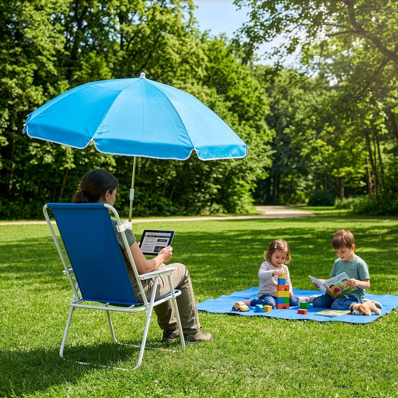 1 Pack Heavy Duty Steel Beach Chair with Umbrella, XL Size 15" Seat Height Royal Blue, Oxford Cloth with Support Bar, Single Position Adjustable, 120kg Load view 12