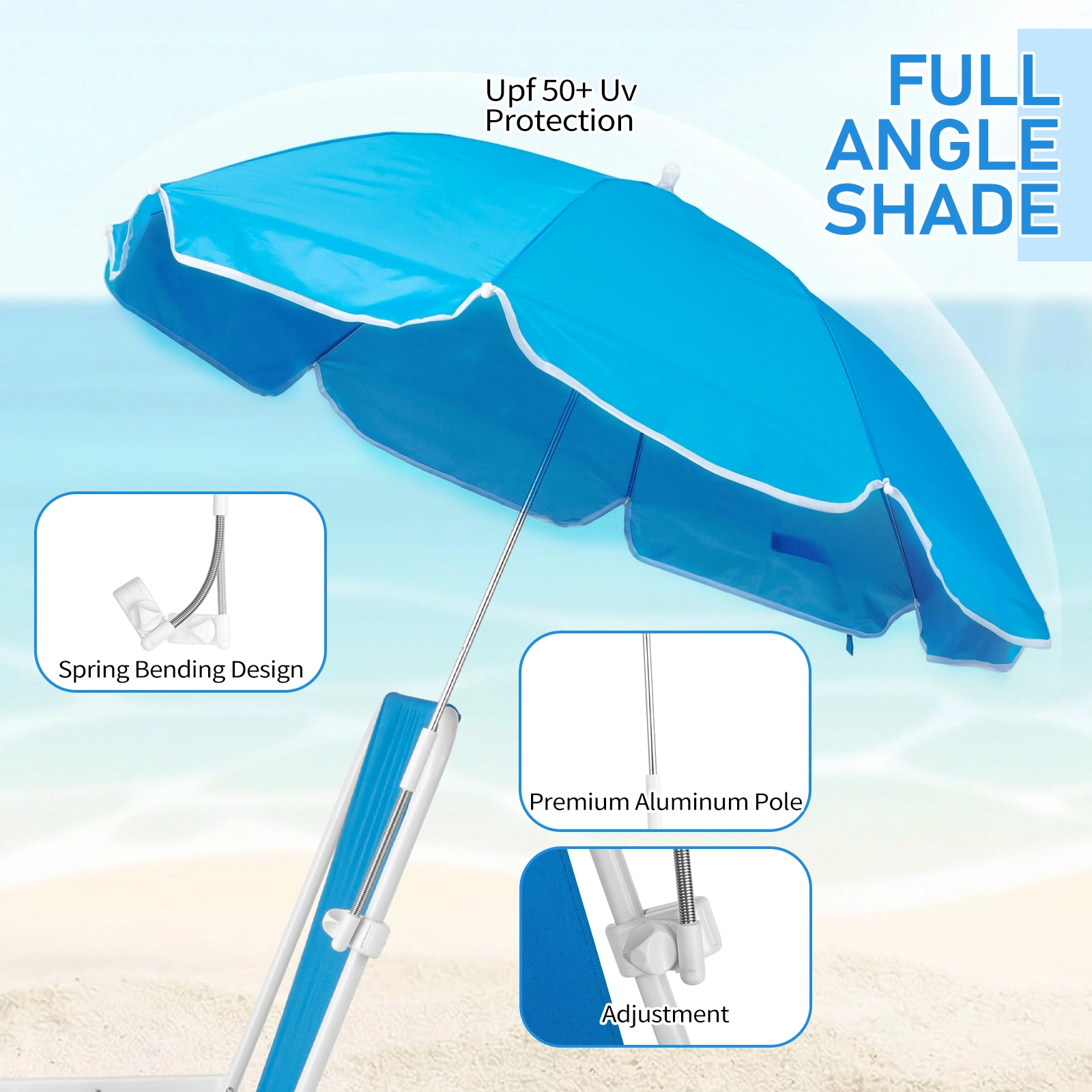 1 Pack Heavy Duty Steel Beach Chair with Umbrella, XL Size 15" Seat Height Royal Blue, Oxford Cloth with Support Bar, Single Position Adjustable, 120kg Load view 13