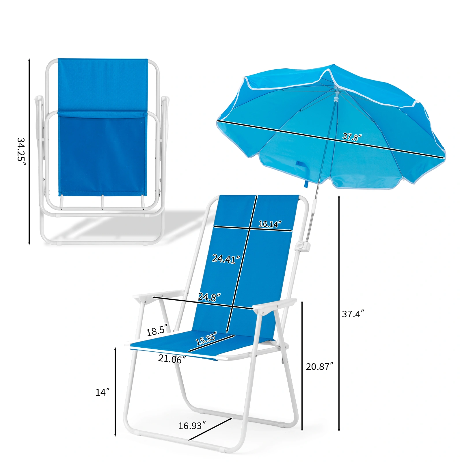 1 Pack Heavy Duty Steel Beach Chair with Umbrella, XL Size 15" Seat Height Royal Blue, Oxford Cloth with Support Bar, Single Position Adjustable, 120kg Load view 9