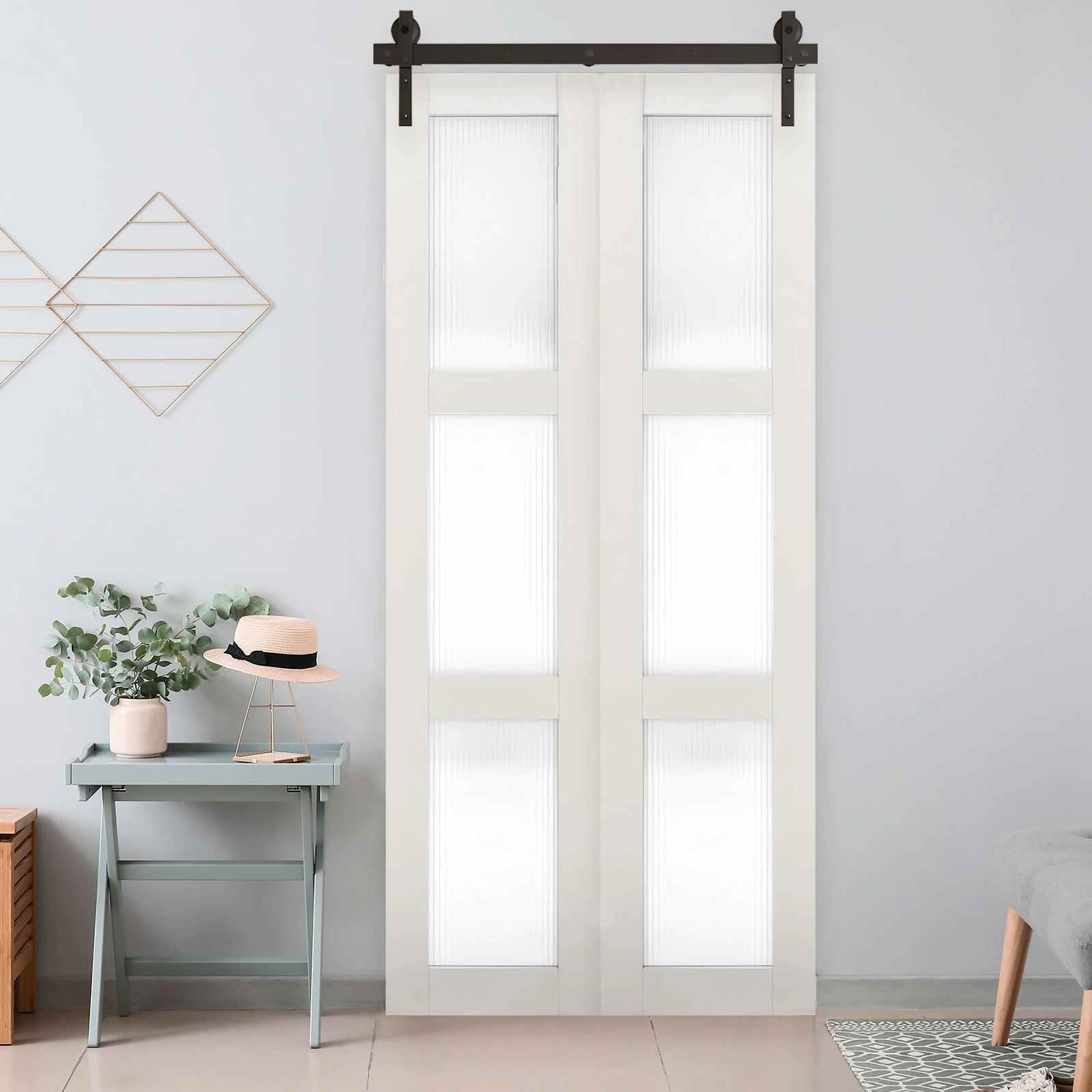 40" Bi-Folding Sliding Barn Door Hardware Kit for 2 Doors,Smoothly&Quietly,Black Track J Shape Roller-[Doors not Included] view 3