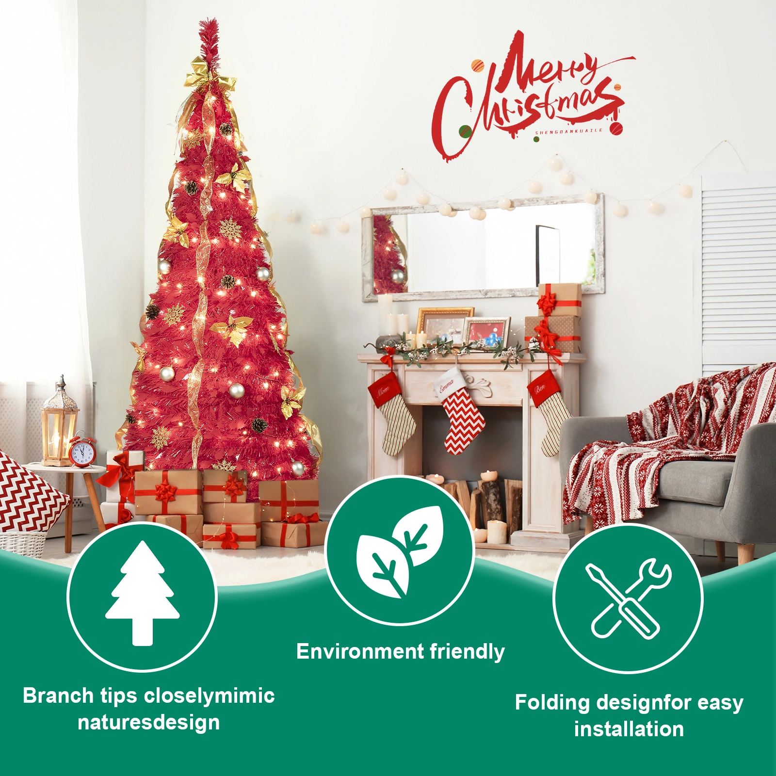 6FT Red Pop-Up Christmas Tree with 150 Warm White LED Lights, Ornaments Included - Easy Assembly & Space-Saving Holiday Decor view 3