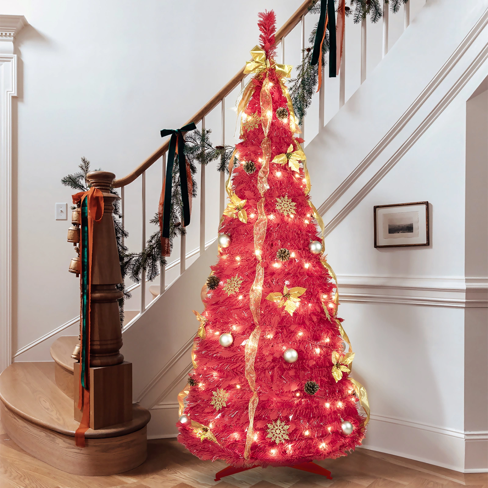 6FT Red Pop-Up Christmas Tree with 150 Warm White LED Lights, Ornaments Included - Easy Assembly & Space-Saving Holiday Decor view 5