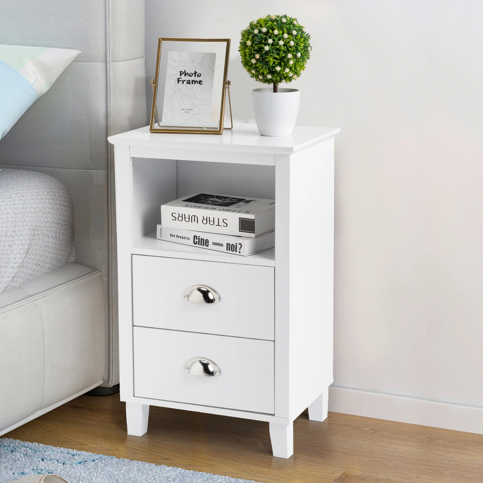 40x30x63cm White Modern Bedside Table Cabinet - MDF Spray Paint, High Legs, 2 Drawers