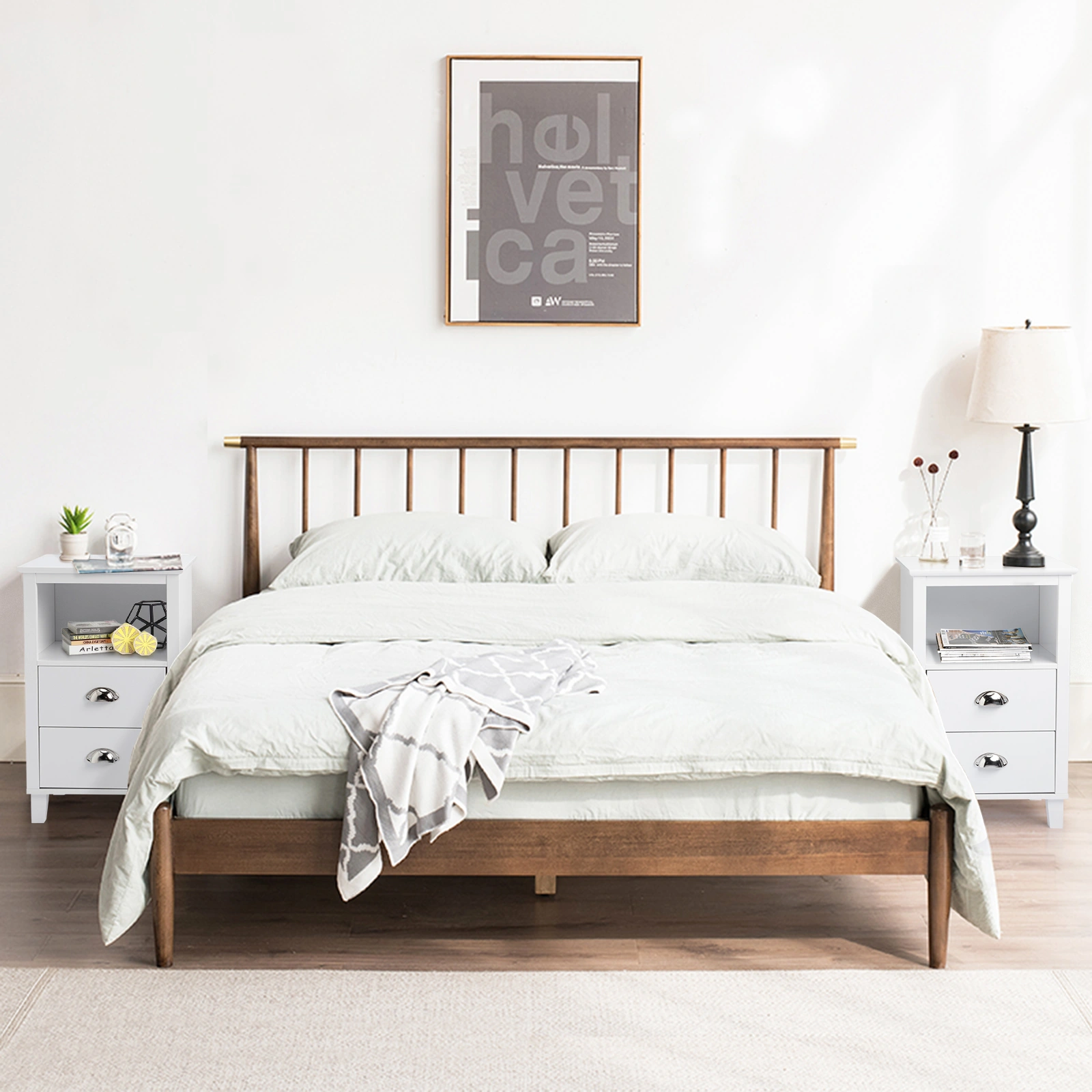 40x30x63cm White Modern Bedside Table Cabinet - MDF Spray Paint, High Legs, 2 Drawers view 3