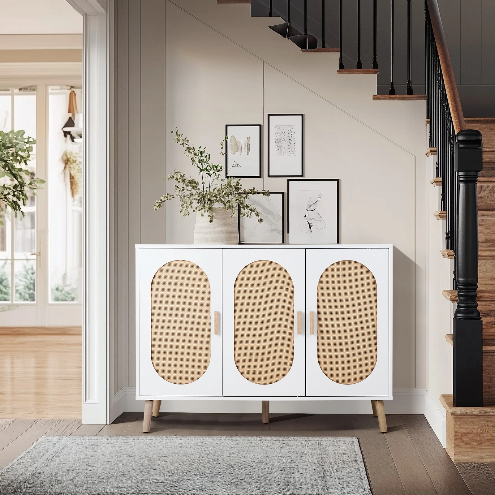3 Door Standing Cabinet with Oval Rattan Top, 113x40x83.5cm, White Frame, Natural Wood Rattan, Gold Legs, Particleboard & Plastic Rattan Storage Organizer view 11