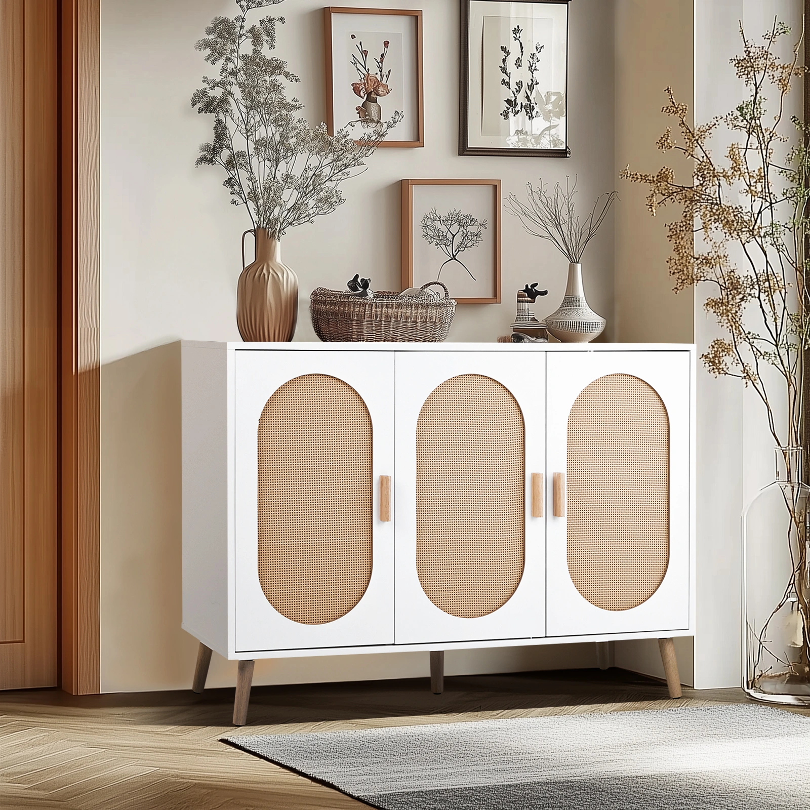 3 Door Standing Cabinet with Oval Rattan Top, 113x40x83.5cm, White Frame, Natural Wood Rattan, Gold Legs, Particleboard & Plastic Rattan Storage Organizer view 12
