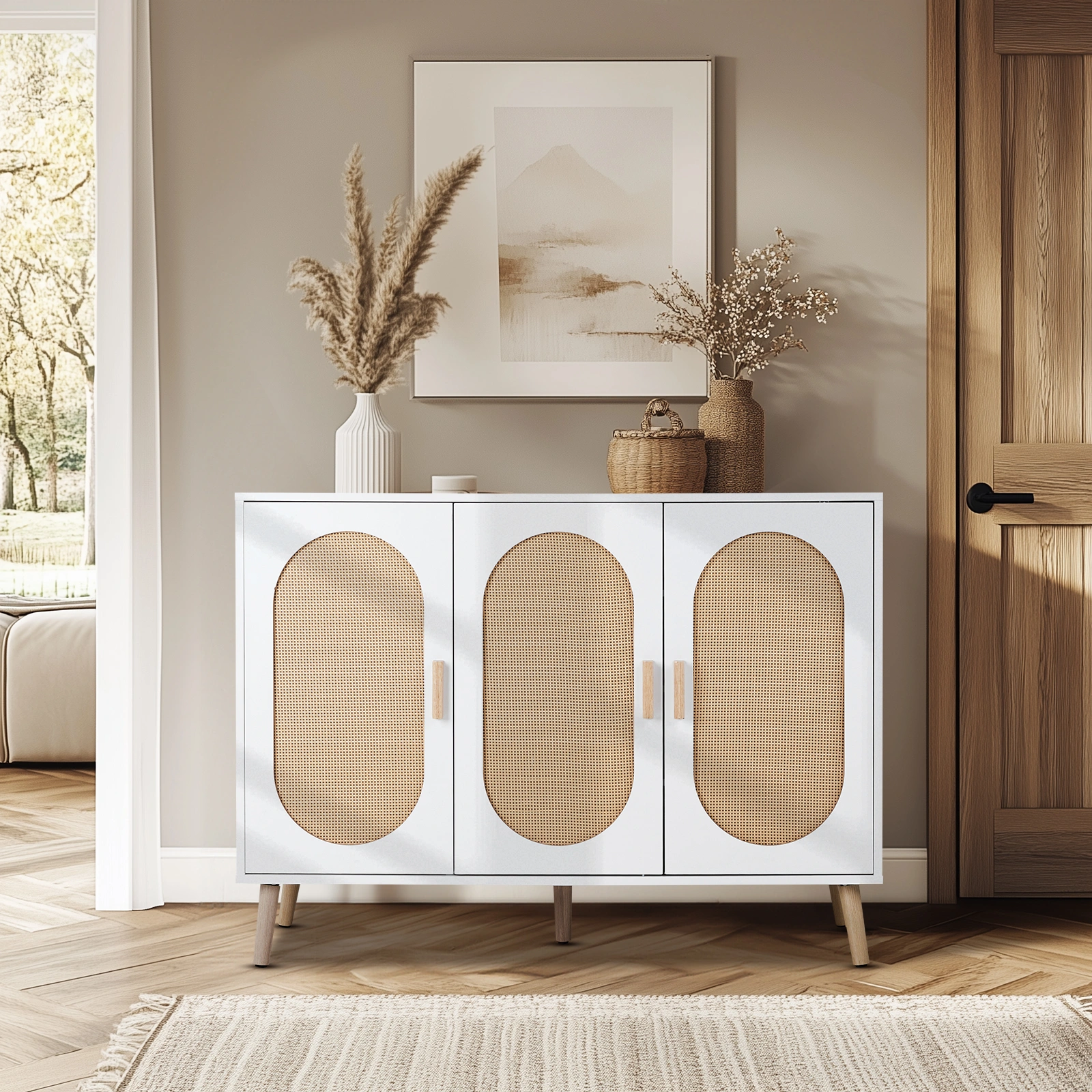 3 Door Standing Cabinet with Oval Rattan Top, 113x40x83.5cm, White Frame, Natural Wood Rattan, Gold Legs, Particleboard & Plastic Rattan Storage Organizer view 2