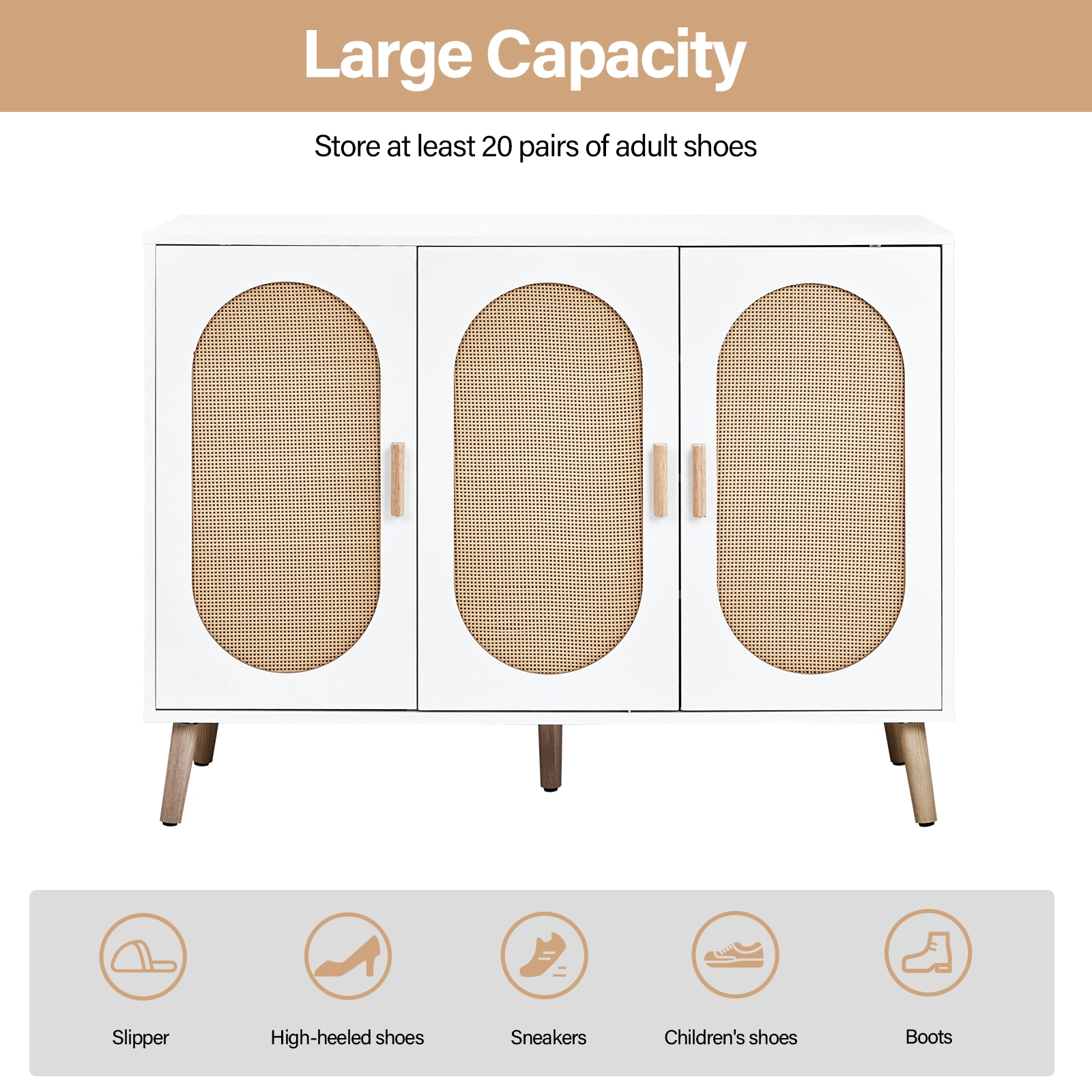 3 Door Standing Cabinet with Oval Rattan Top, 113x40x83.5cm, White Frame, Natural Wood Rattan, Gold Legs, Particleboard & Plastic Rattan Storage Organizer view 4
