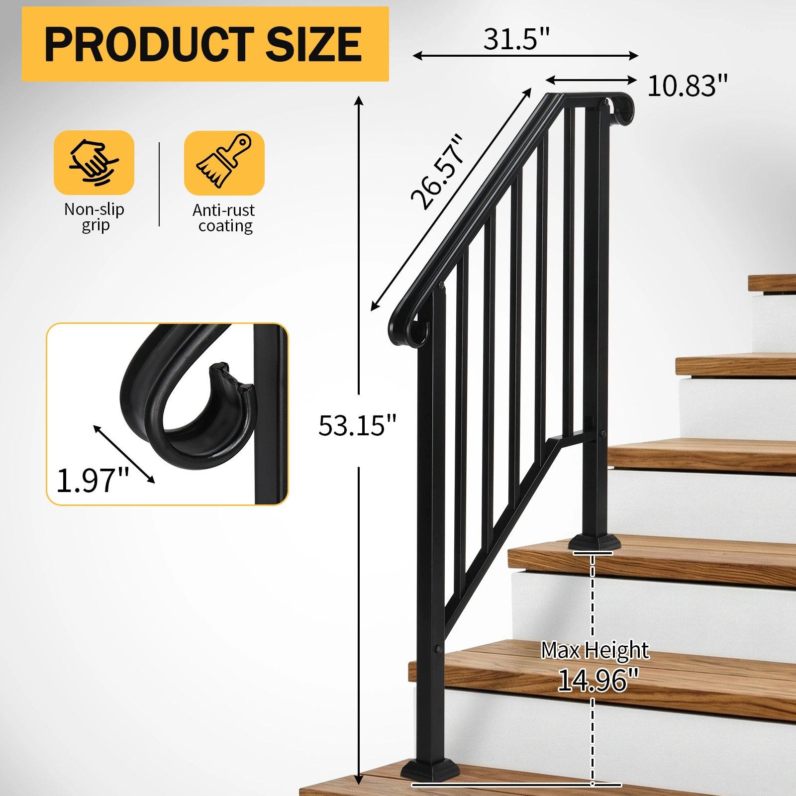 Artisasset Matte Black Outdoor 2-Step Iron Handrail view 10