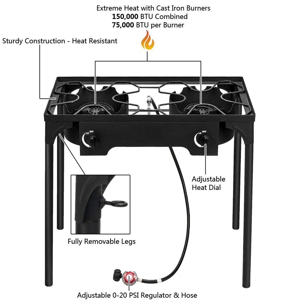 Outdoor Camp Stove High Pressure Propane Gas Cooker Portable Cast Iron Patio Cooking Burner (Double Burner 150000-BTU) view 12