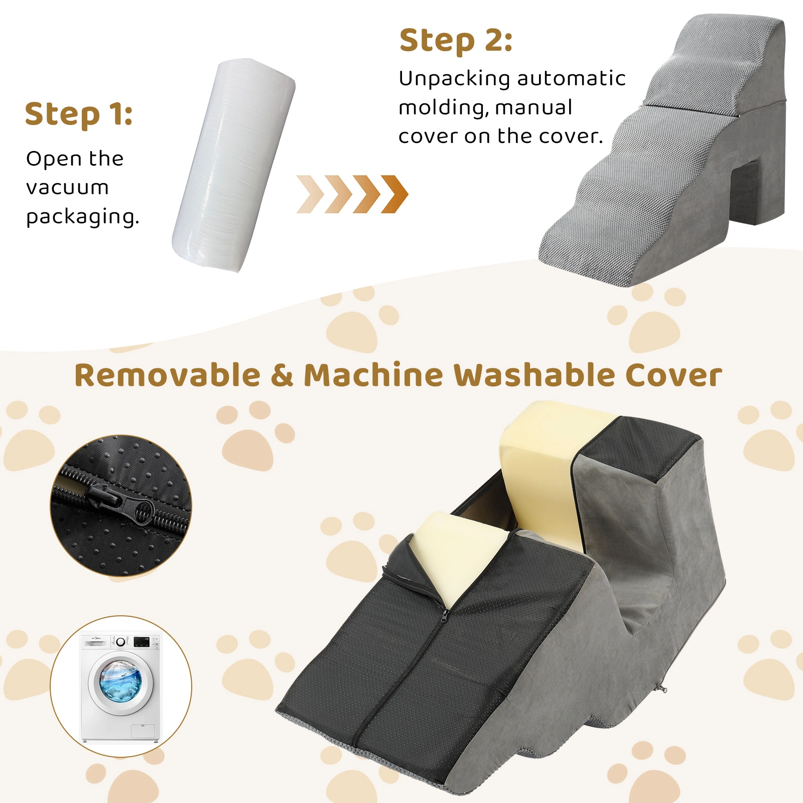 Grey 5-Step Pet Stairs for Dogs & Cats, Soft Portable Pet Steps with Non-Slip Surface view 10