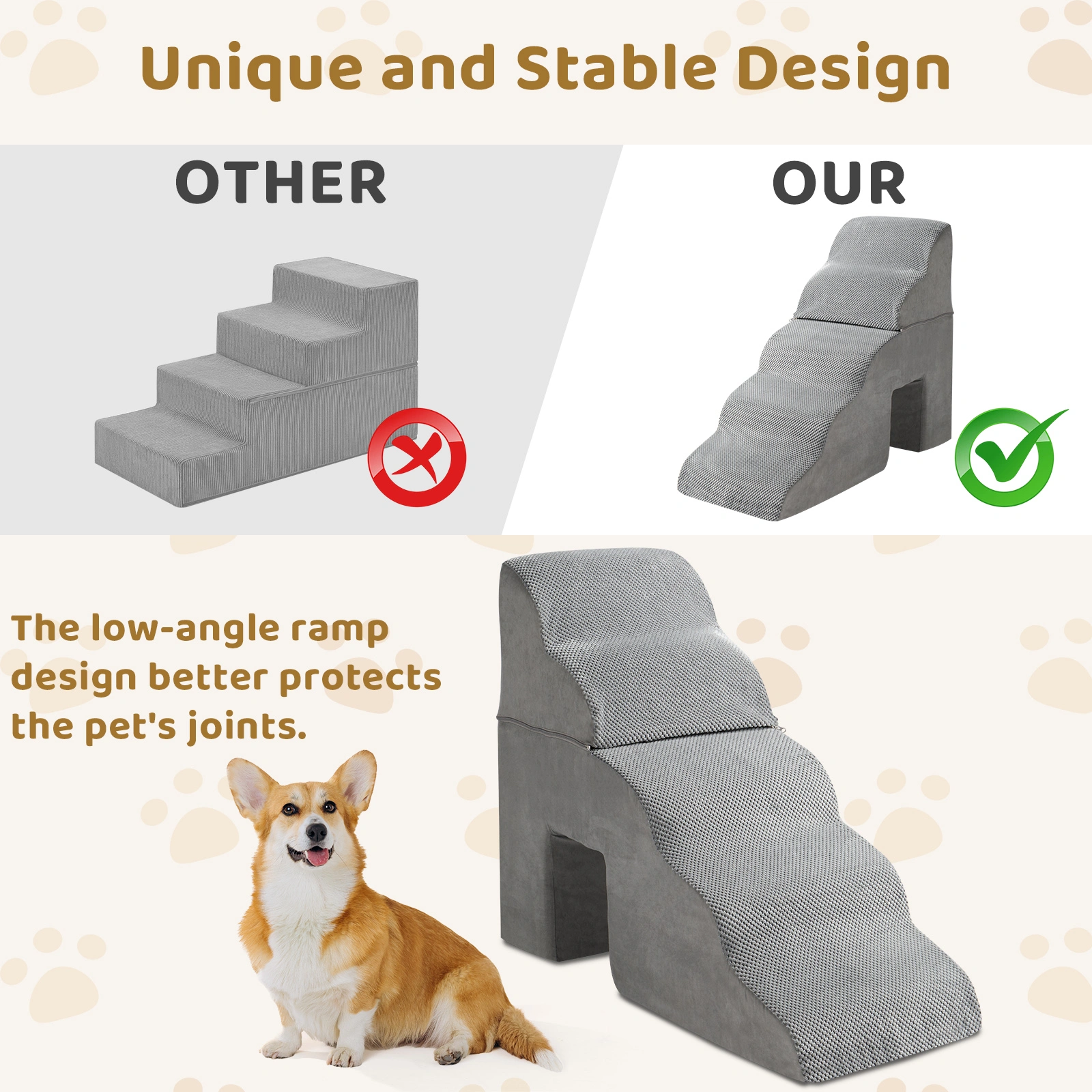 Grey 5-Step Pet Stairs for Dogs & Cats, Soft Portable Pet Steps with Non-Slip Surface view 12