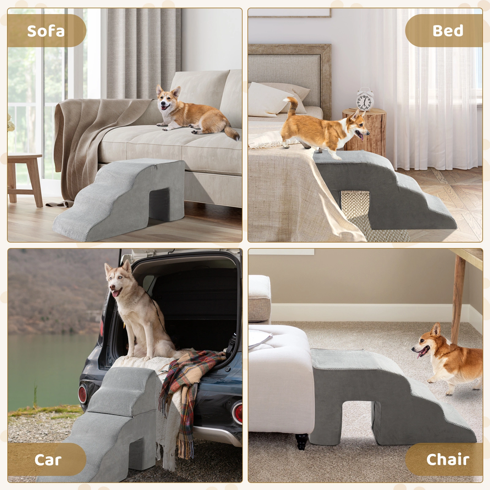 Grey 5-Step Pet Stairs for Dogs & Cats, Soft Portable Pet Steps with Non-Slip Surface view 14