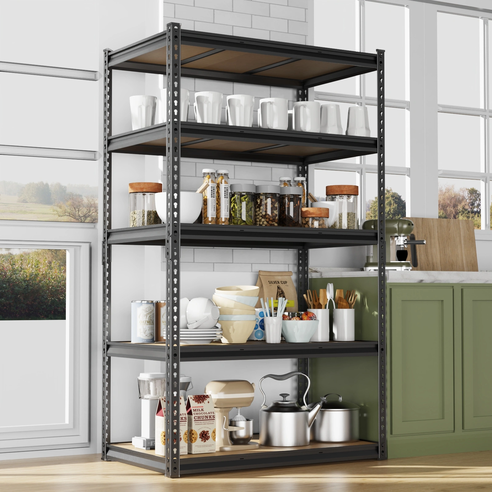 Adjustable Display Stand Black Iron Frame Gourd-Shaped Holes 122x45x184cm Natural Wood MDF Shelves with Rubber Hammer & Gloves view 10