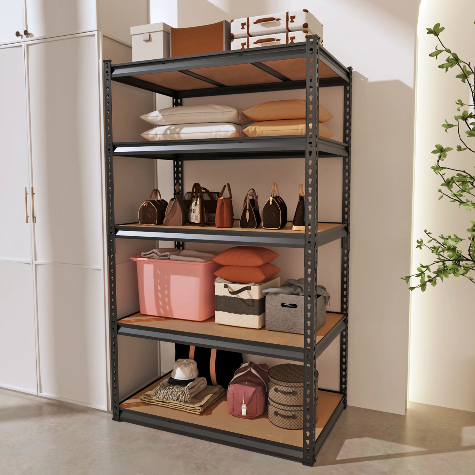 Adjustable Display Stand Black Iron Frame Gourd-Shaped Holes 122x45x184cm Natural Wood MDF Shelves with Rubber Hammer & Gloves view 12