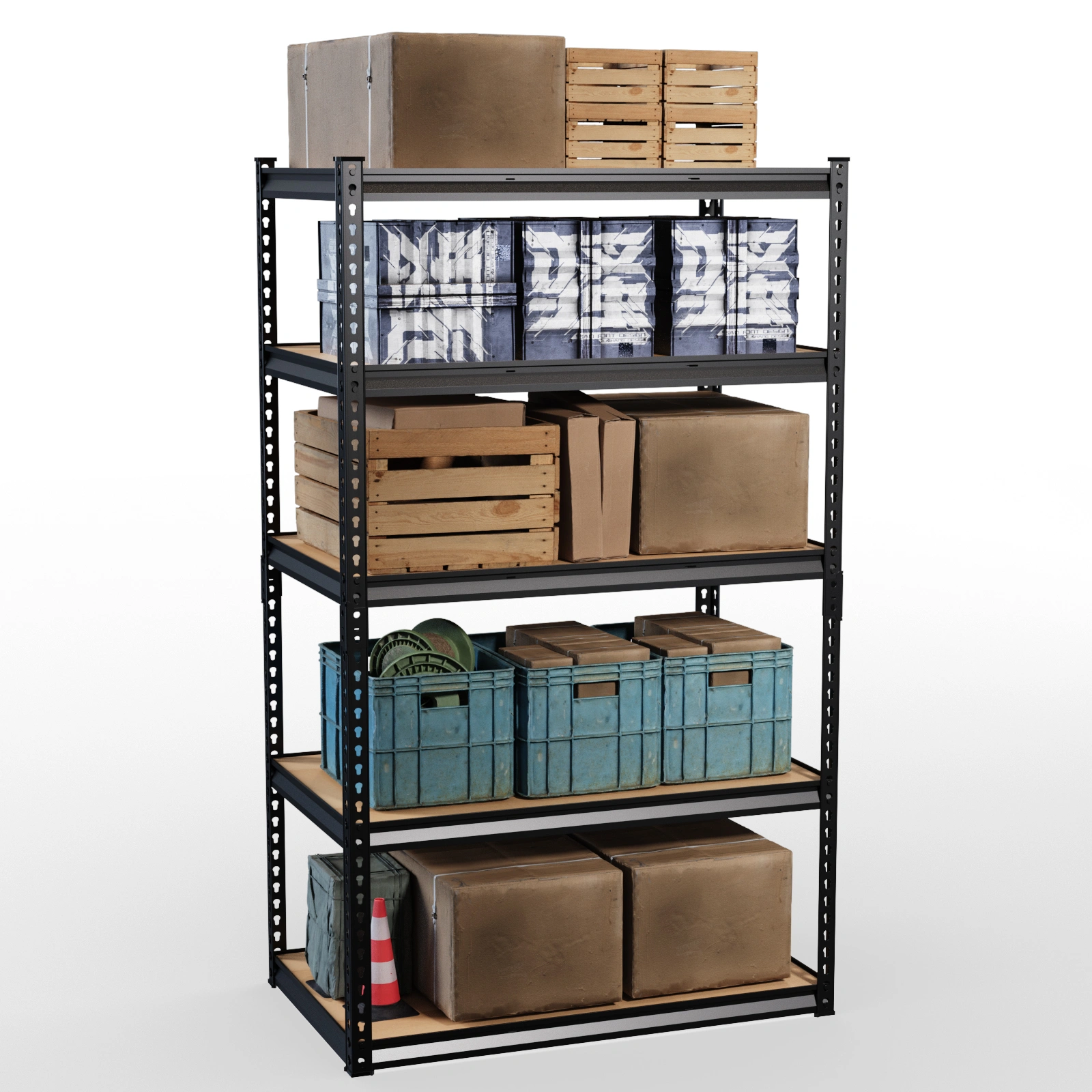 Adjustable Display Stand Black Iron Frame Gourd-Shaped Holes 122x45x184cm Natural Wood MDF Shelves with Rubber Hammer & Gloves view 3
